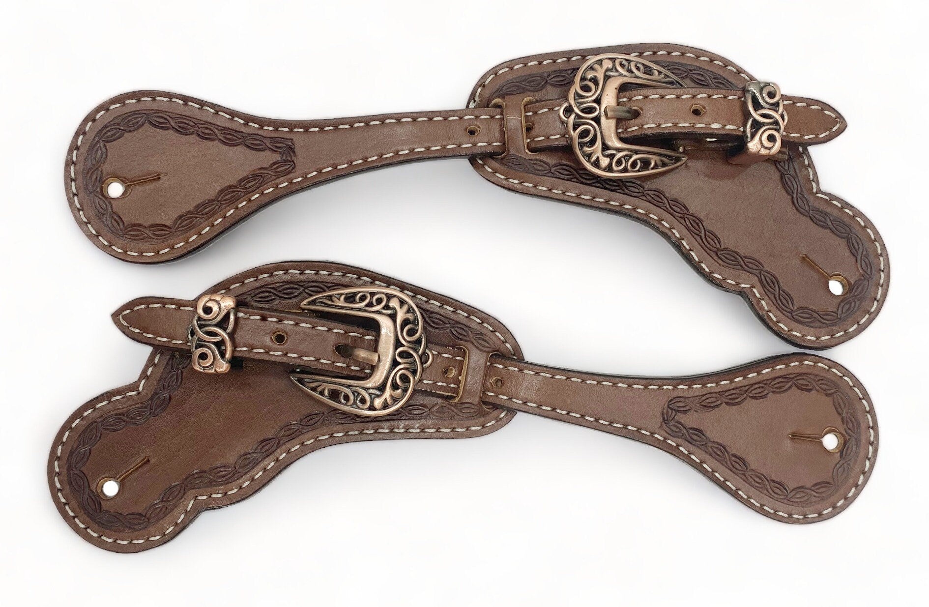MOUSM Western Spur Straps – Argentina Cow Leather Men’s Spur Straps Decorated with Hand-Tooled Corners on Plain Dark Brown Leather for a Classic Western Look & Antique Copper Hardware