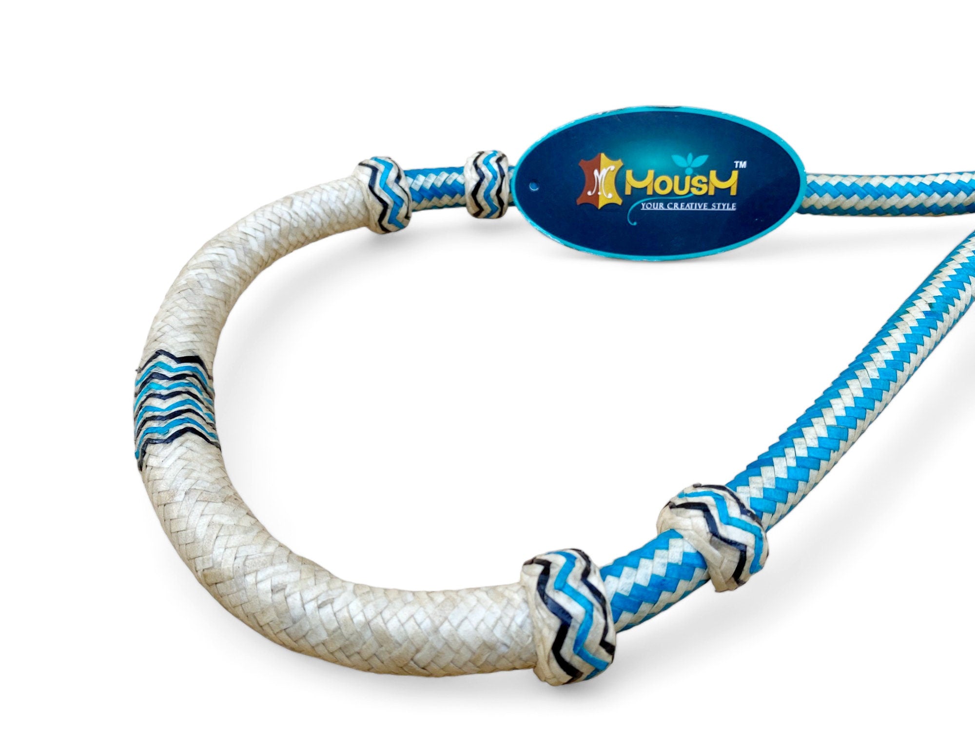 MOUSM Horse Bosal – Blue & White with Natural Rawhide, 40 Plait Handmade Western Hackamore, 5/8" Thick Bitless Training Bosal for Horses