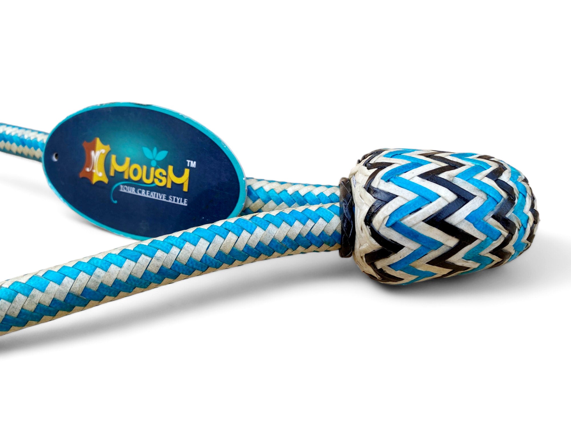 MOUSM Horse Bosal – Blue & White with Natural Rawhide, 40 Plait Handmade Western Hackamore, 5/8" Thick Bitless Training Bosal for Horses