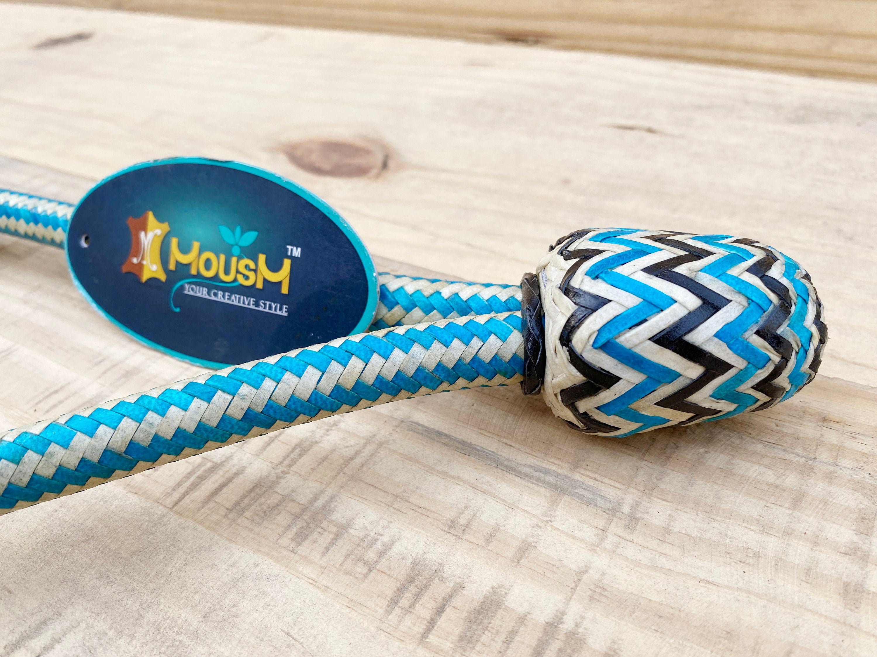 MOUSM Horse Bosal – Blue & White with Natural Rawhide, 40 Plait Handmade Western Hackamore, 5/8" Thick Bitless Training Bosal for Horses