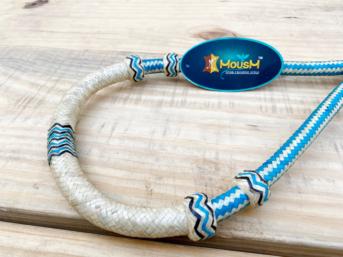 MOUSM Horse Bosal – Blue & White with Natural Rawhide, 40 Plait Handmade Western Hackamore, 5/8" Thick Bitless Training Bosal for Horses