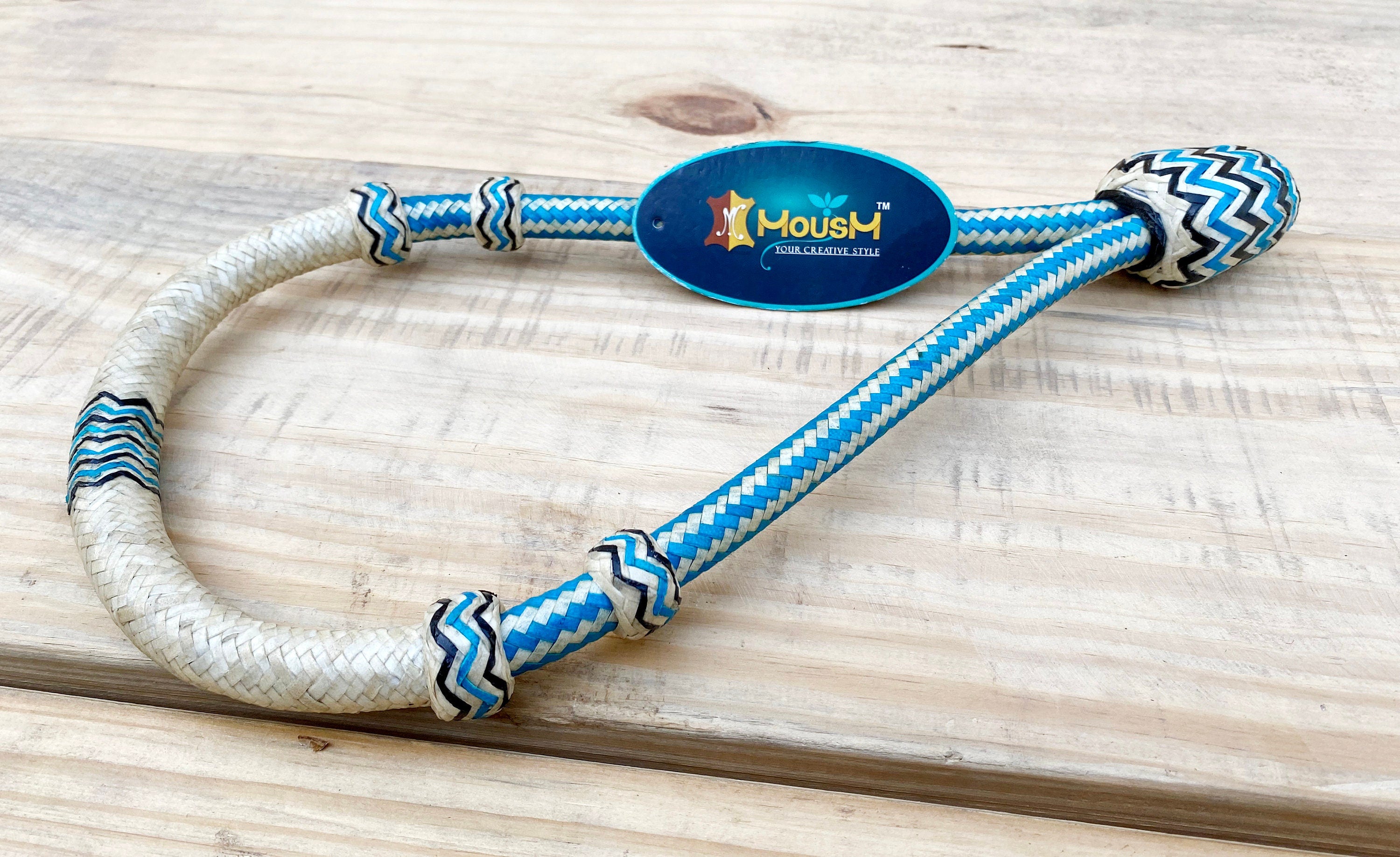 MOUSM Horse Bosal – Blue & White with Natural Rawhide, 40 Plait Handmade Western Hackamore, 5/8" Thick Bitless Training Bosal for Horses
