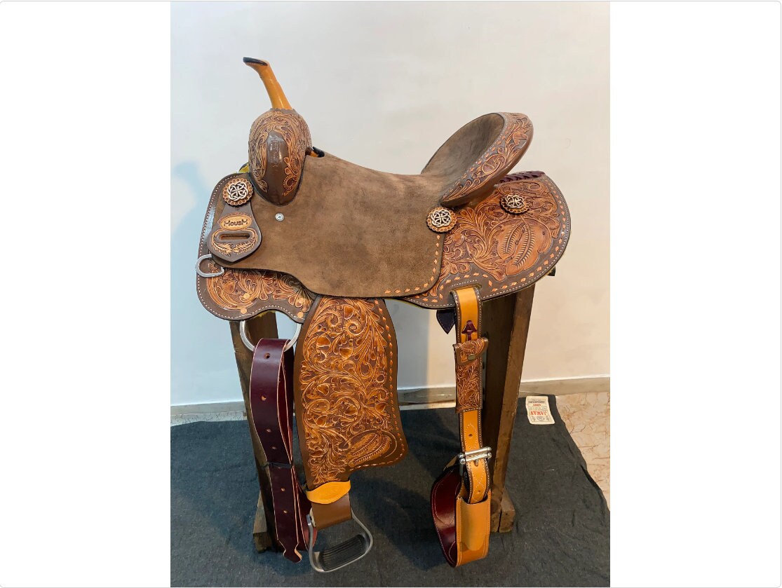 MOUSM Western Saddle - Handcrafted Leather Horse Barrel Saddle with Hand-Tooled Floral Design, Built on Rawhide Covered Fiber Tree, Available Sizes: 13"-17" Inches Seat