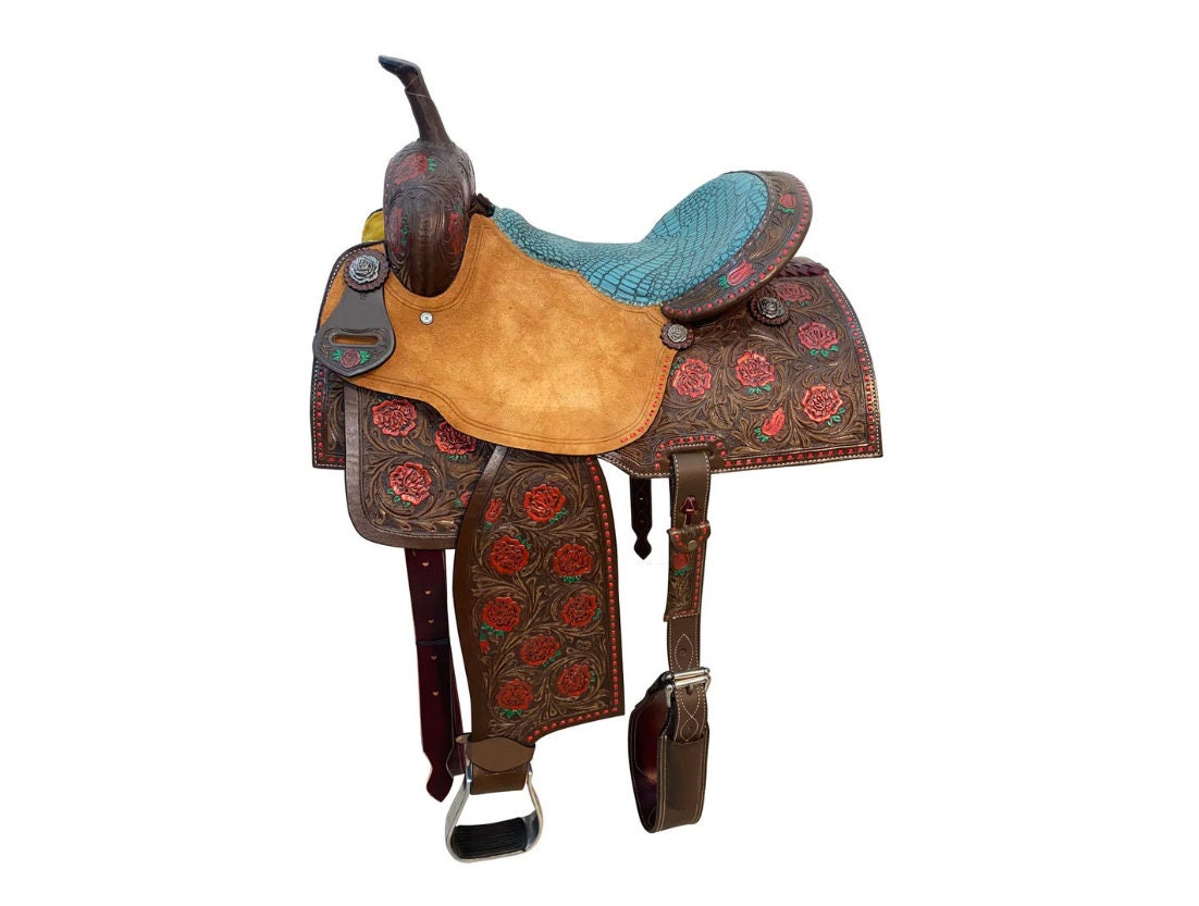 MOUSM Western Saddle - Handcrafted Barrel Saddle with Hand-Tooled Rose and Leaves Built on a Rawhide Covered Fiber Tree, Fancy Concho, Seat Size: 13"-17" Inches