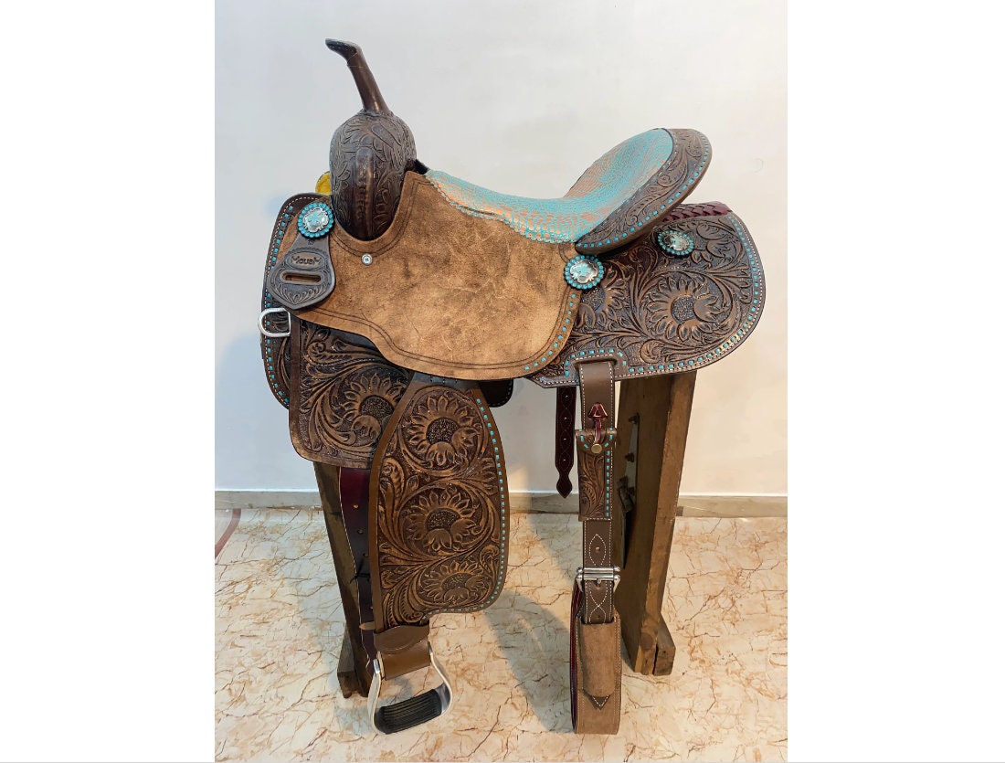 MOUSM Western Saddle for Horse - Handcrafted with Sunflower Tooling and Turquoise Stitching Built on a Rawhide Covered Fiber Tree and Fancy Concho, Seat Size: 13"-17" Inches