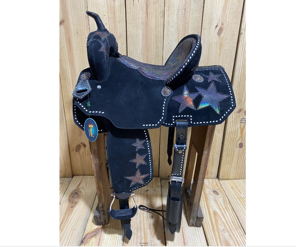 MOUSM Western Barrel Saddle - Built on a Rawhide Covered Fiber Tree, Saddle Made from Genuine Black Argentina Leather with Holographic Star Patch, Available in 13"-17" Seat Options