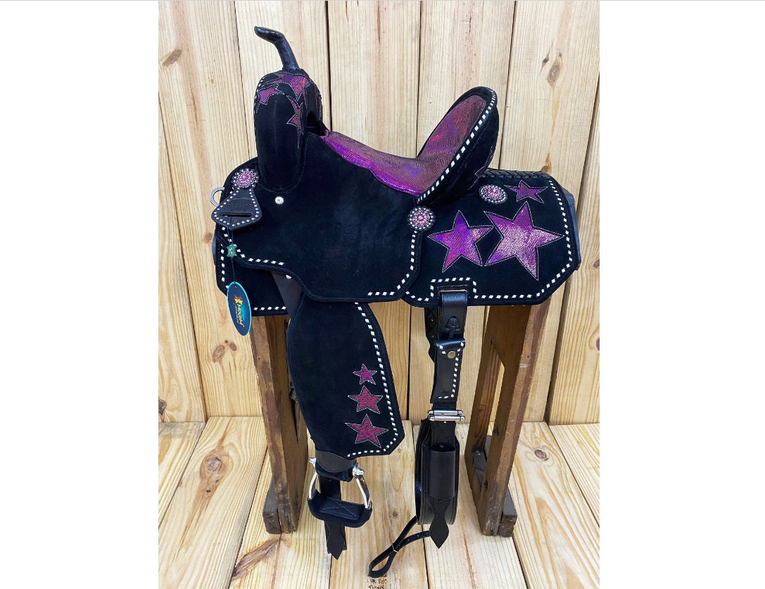 MOUSM Western Barrel Saddle - Built on a Rawhide Covered Fiber Tree, Saddle Made from Genuine Black Argentina Leather with Pink Star Glittered Patch, Available in 13"-16" Seat Options