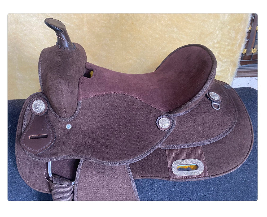 MOUSM Western Barrel Saddle - Made from Synthetic Suede Leather Build on a Strong Fiber Tree- Rawhide Covered & Fancy Concho, Seat Size: 14"–17" Inches