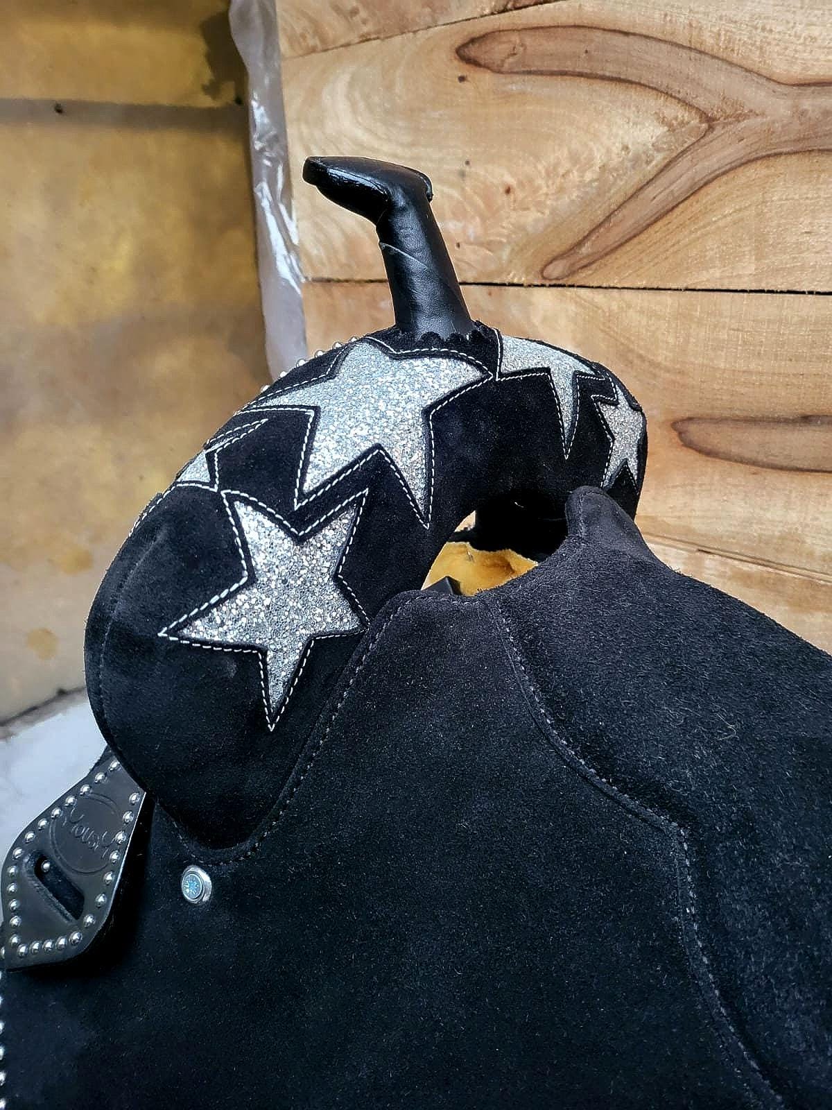 MOUSM Western Barrel Saddle - Built on a Rawhide Covered Fiber Tree, Saddle Made from Genuine Black Argentina Leather with Silver Star Glittered Patch, Available in 13"-17" Seat Options