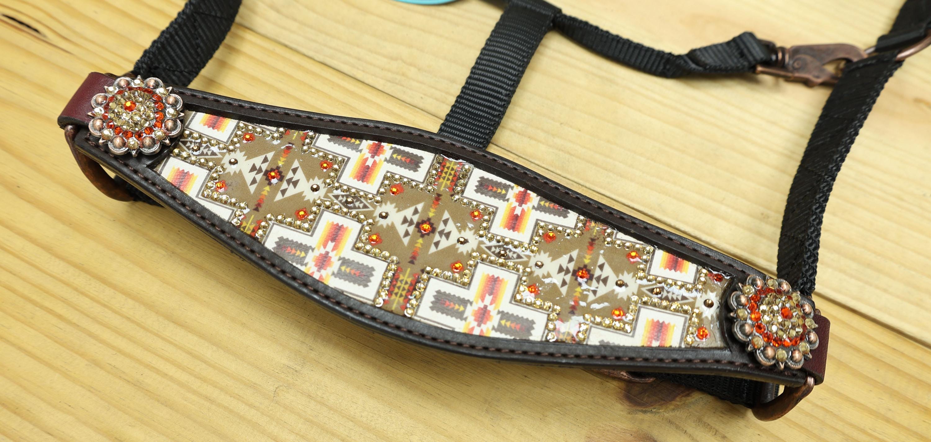 MOUSM Argentina Cow Leather Bronc Halter - Western Horse Halter Decorated with Aztec Print Inlay, Shining Stones and Congress Conchos
