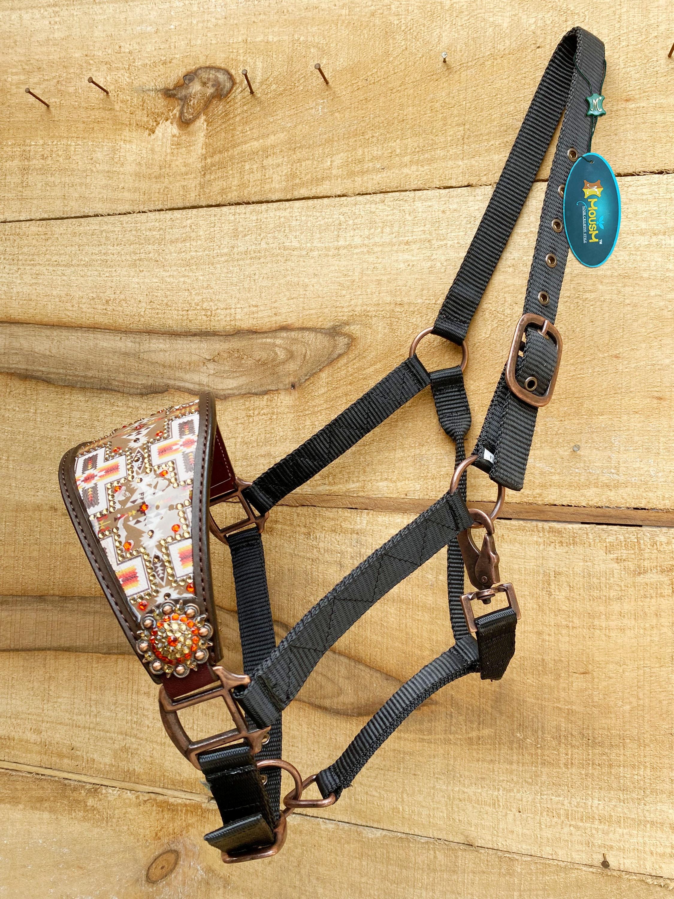 MOUSM Argentina Cow Leather Bronc Halter - Western Horse Halter Decorated with Aztec Print Inlay, Shining Stones and Congress Conchos