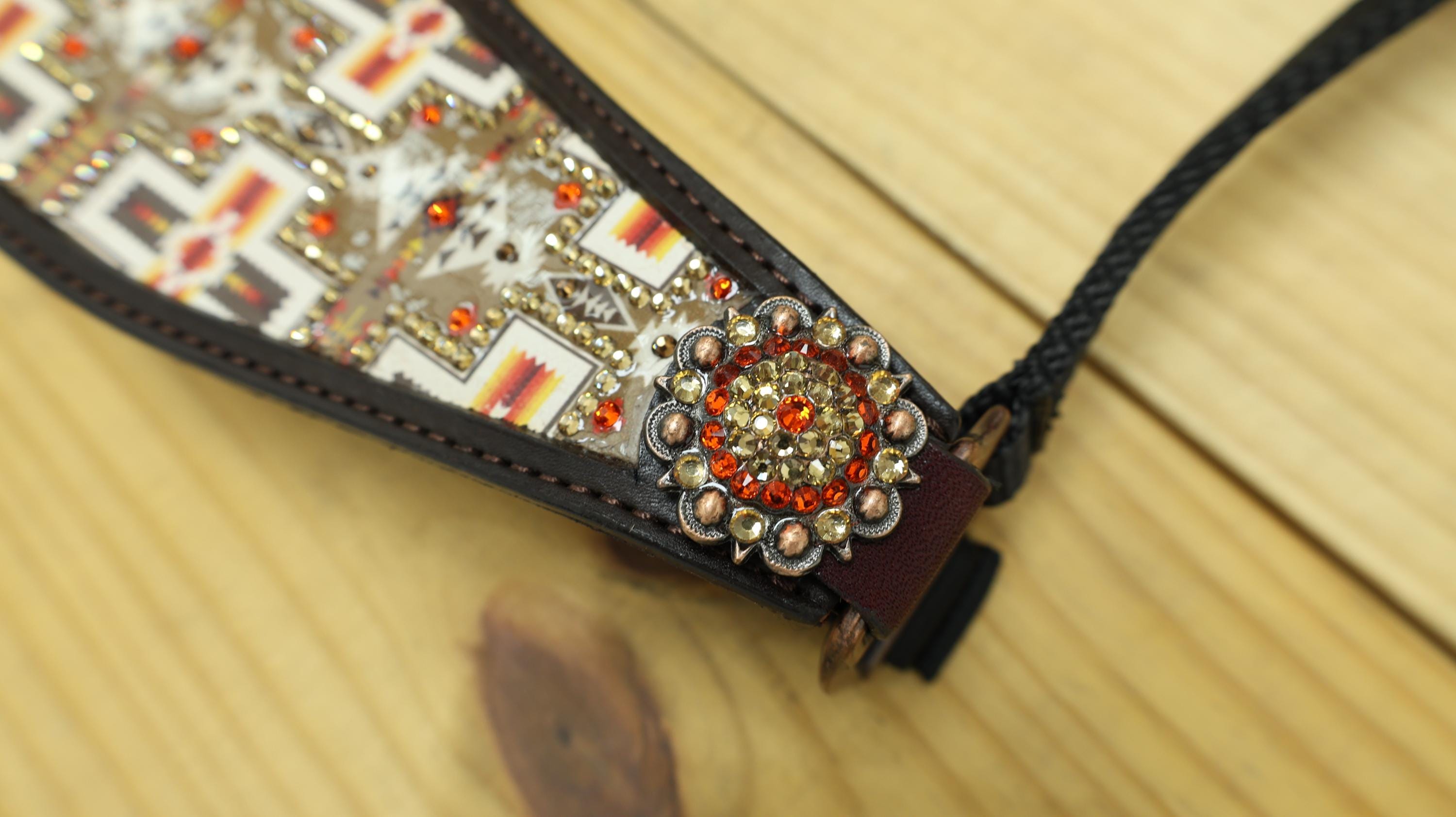 MOUSM Argentina Cow Leather Bronc Halter - Western Horse Halter Decorated with Aztec Print Inlay, Shining Stones and Congress Conchos