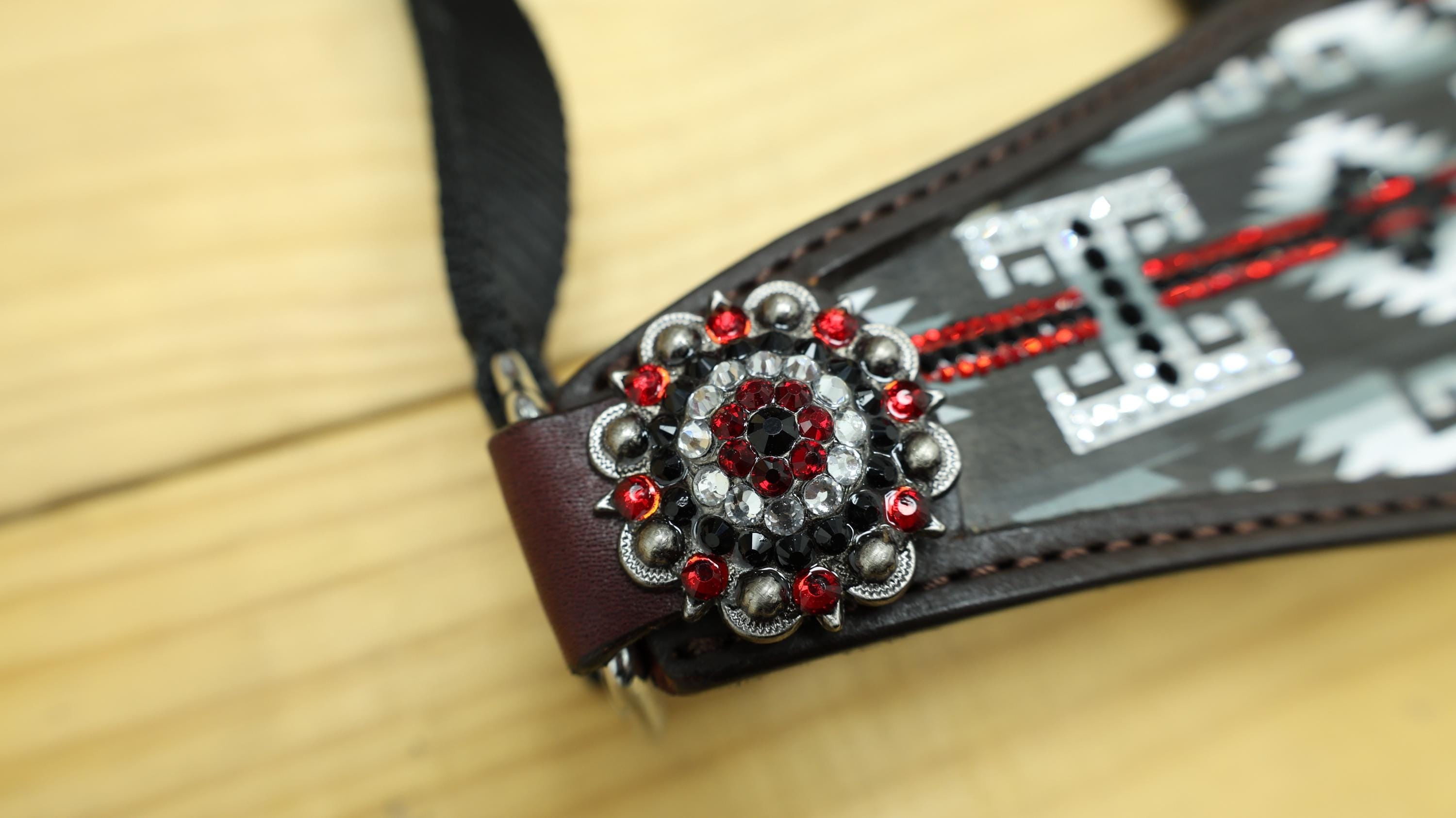 MOUSM Argentina Cow Leather Bronc Halter – Western Halter for Horse Decorated with Black & White Southwest Print, Red and Black Stones, and Congress Conchos