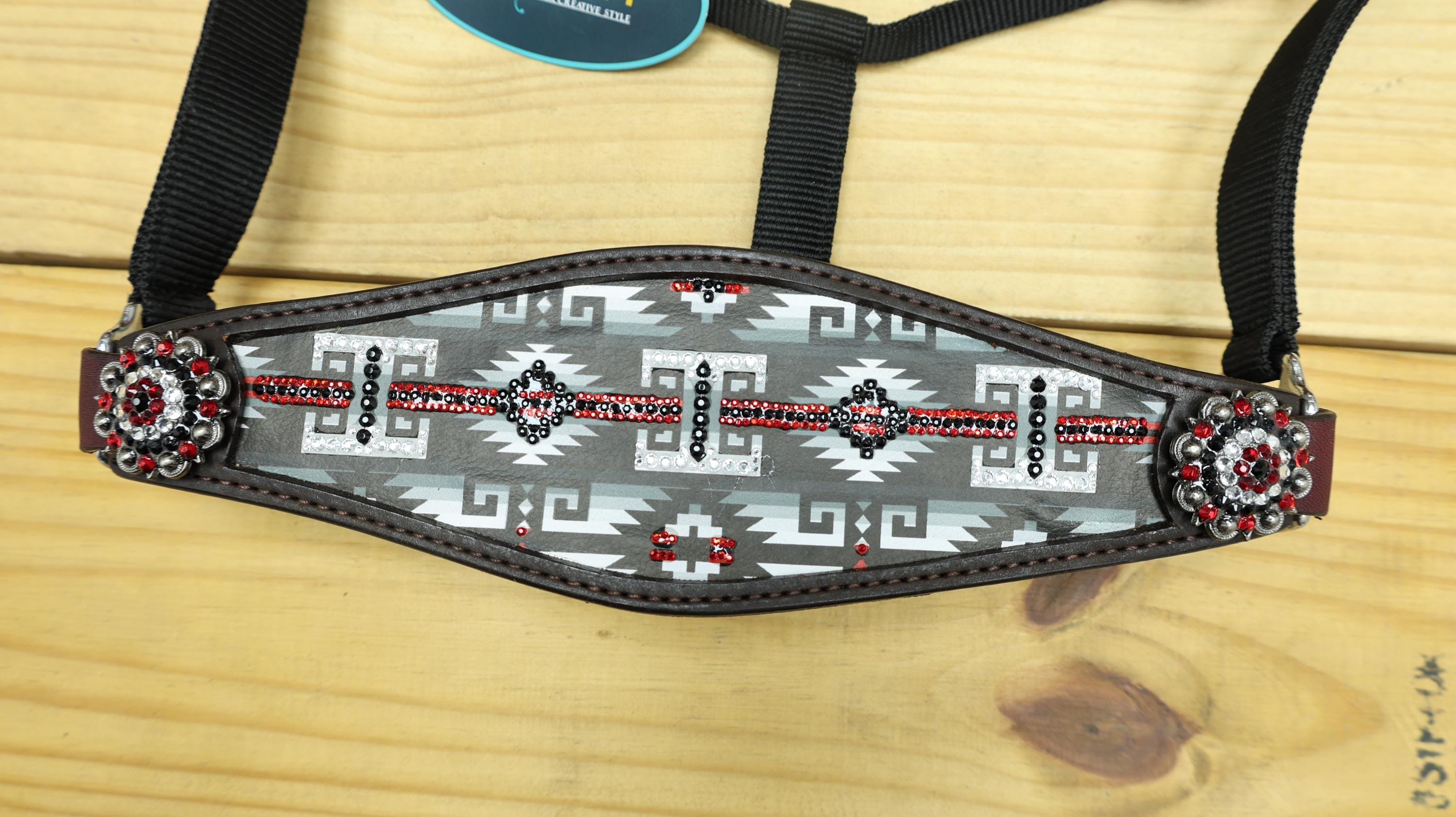MOUSM Argentina Cow Leather Bronc Halter – Western Halter for Horse Decorated with Black & White Southwest Print, Red and Black Stones, and Congress Conchos