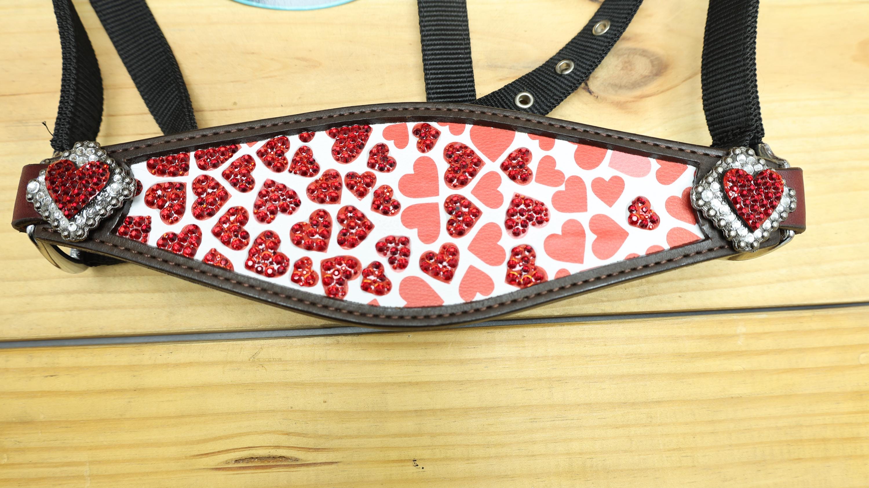 MOUSM Argentina Cow Leather Bronc Halter - Western Horse Halter Decorated with Heart Print, Red Stones, Heart Conchos