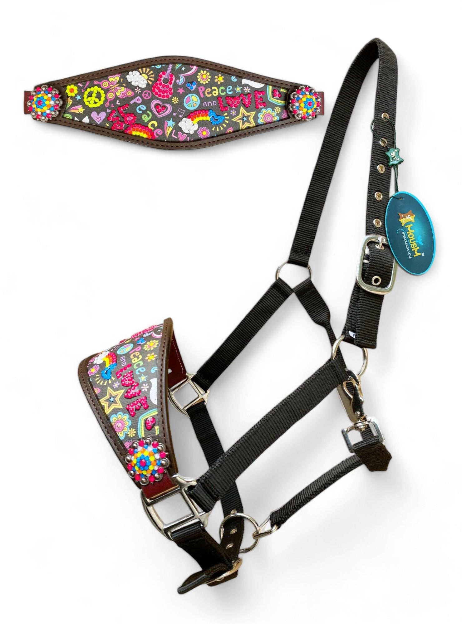 MOUSM Argentina Cow Leather Bronc Halter - Western Horse Halter Decorated with Funky Fluorescent Print and Vibrant Stone, Matching Conchos