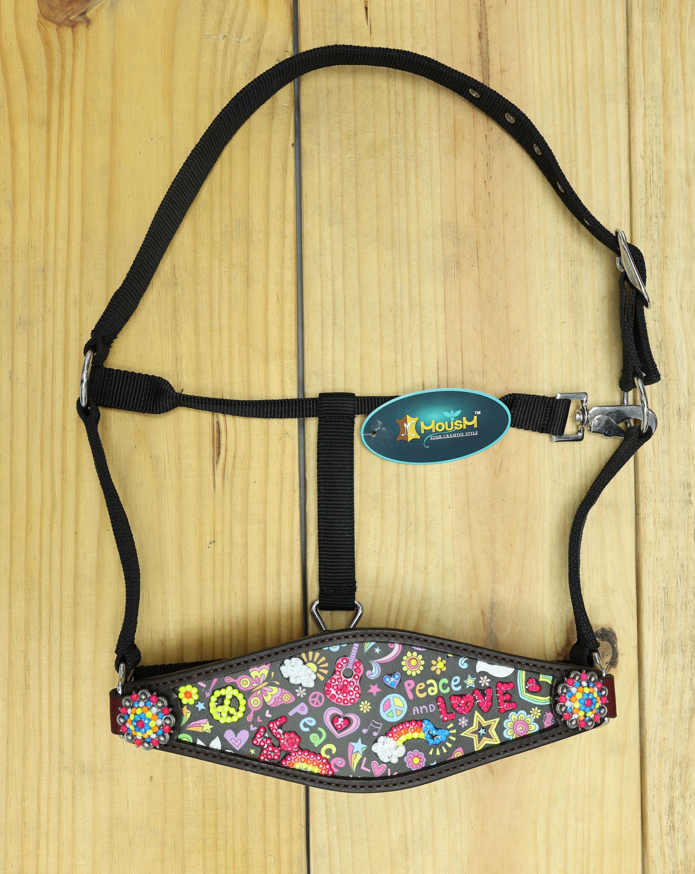 MOUSM Argentina Cow Leather Bronc Halter - Western Horse Halter Decorated with Funky Fluorescent Print and Vibrant Stone, Matching Conchos