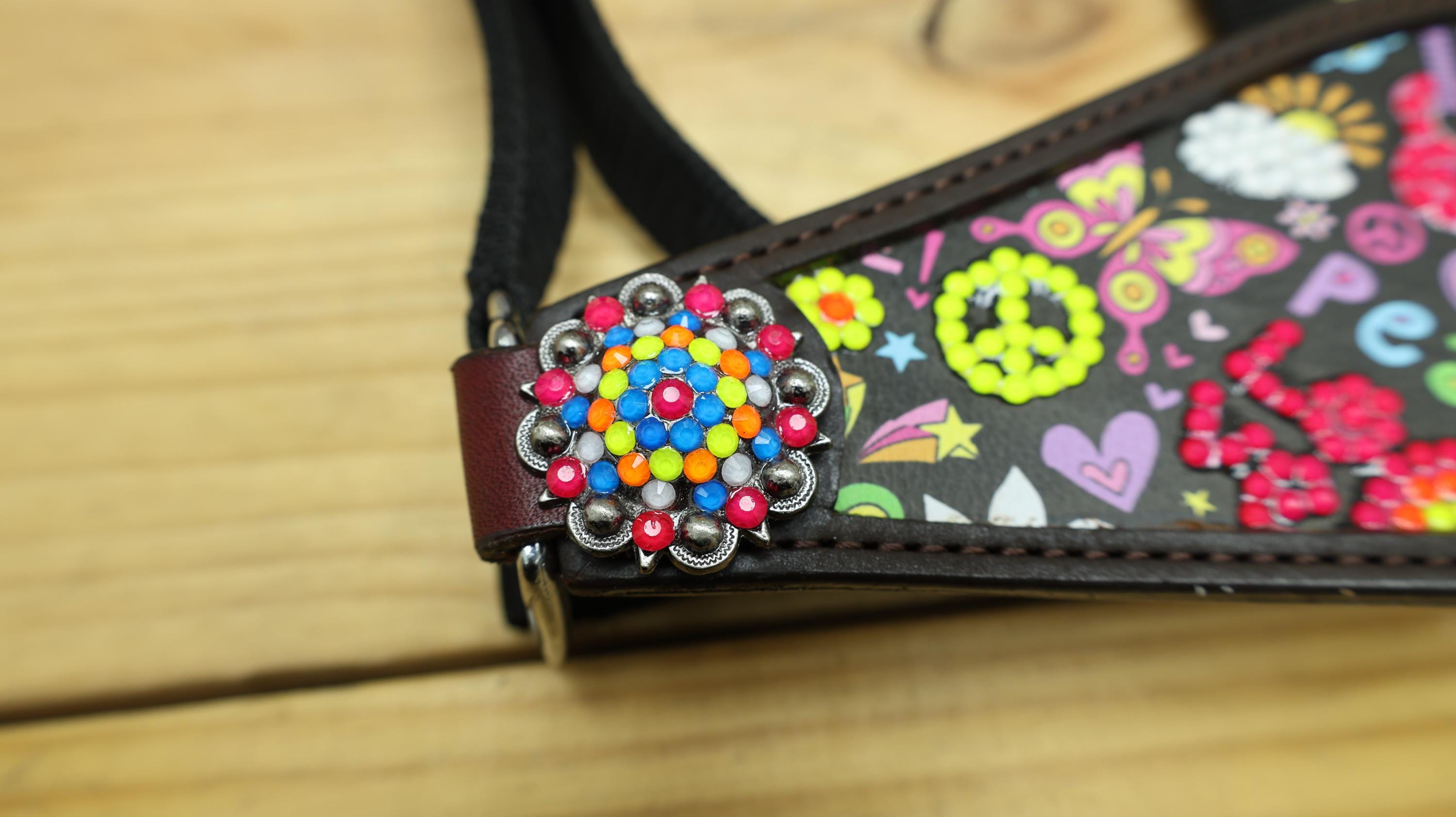 MOUSM Argentina Cow Leather Bronc Halter - Western Horse Halter Decorated with Funky Fluorescent Print and Vibrant Stone, Matching Conchos