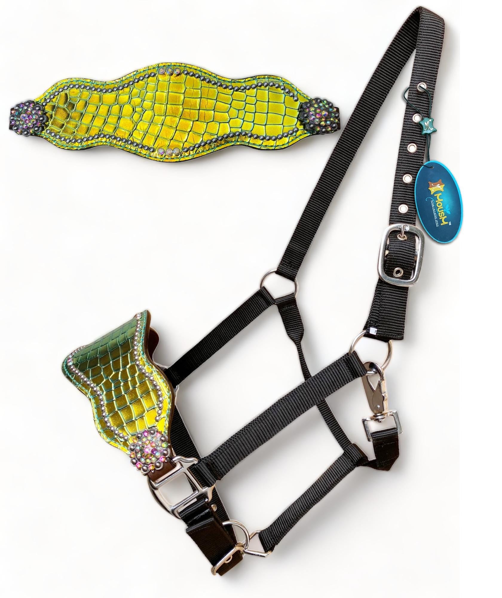 MOUSM Argentina Cow Leather Bronc Halter – Western Horse Halter Decorated with Holographic Green-Yellow Alligator Print and Rhinestone Concho