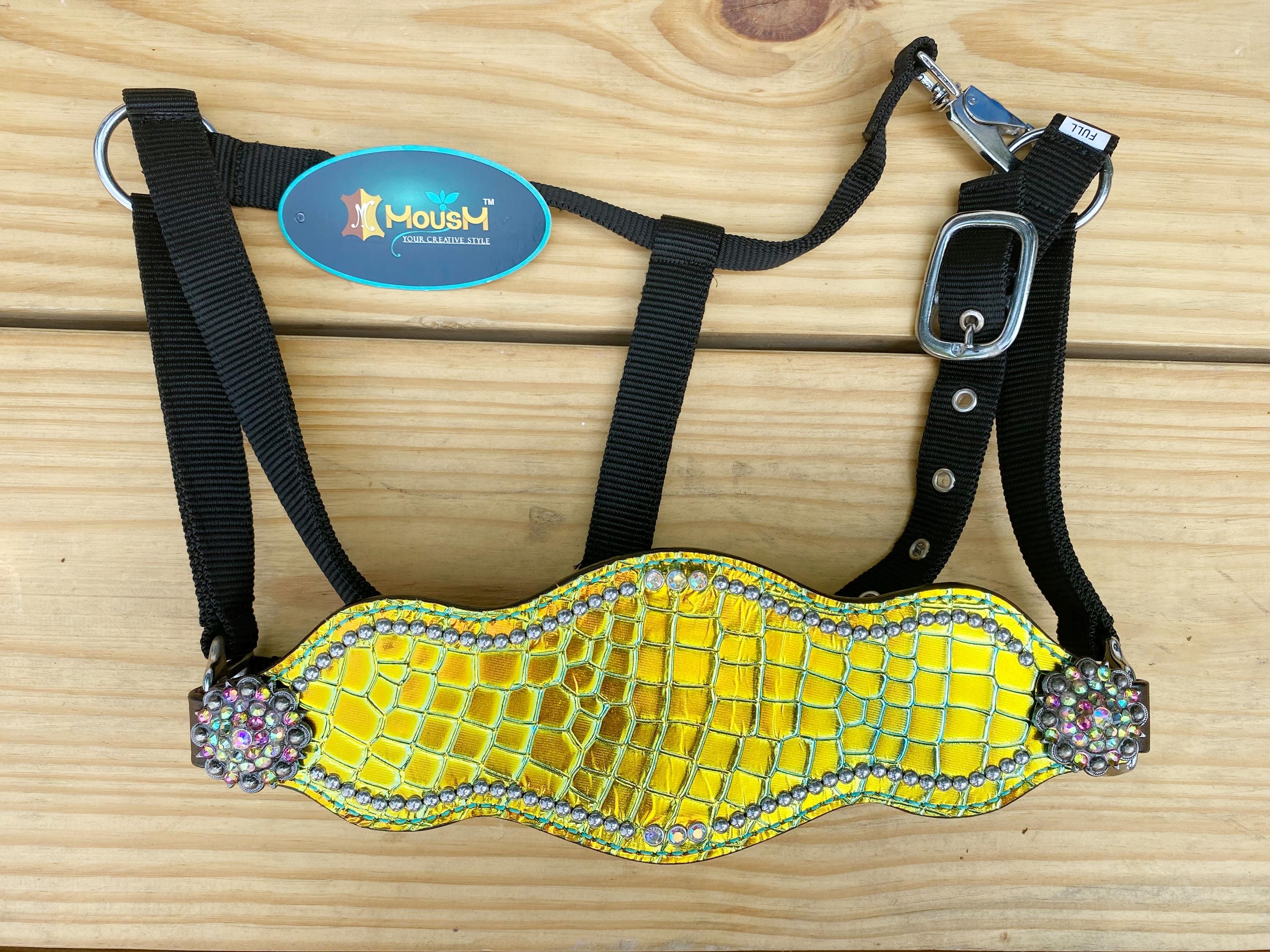 MOUSM Argentina Cow Leather Bronc Halter – Western Horse Halter Decorated with Holographic Green-Yellow Alligator Print and Rhinestone Concho