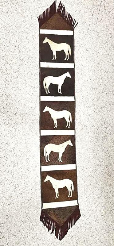 MOUSM Real Cow Hide Leather Table Runner - 72x12 inches, Rustic Farmhouse Table Centerpiece with Embroidered Horse Cutout Print and Brown Leather Fringes