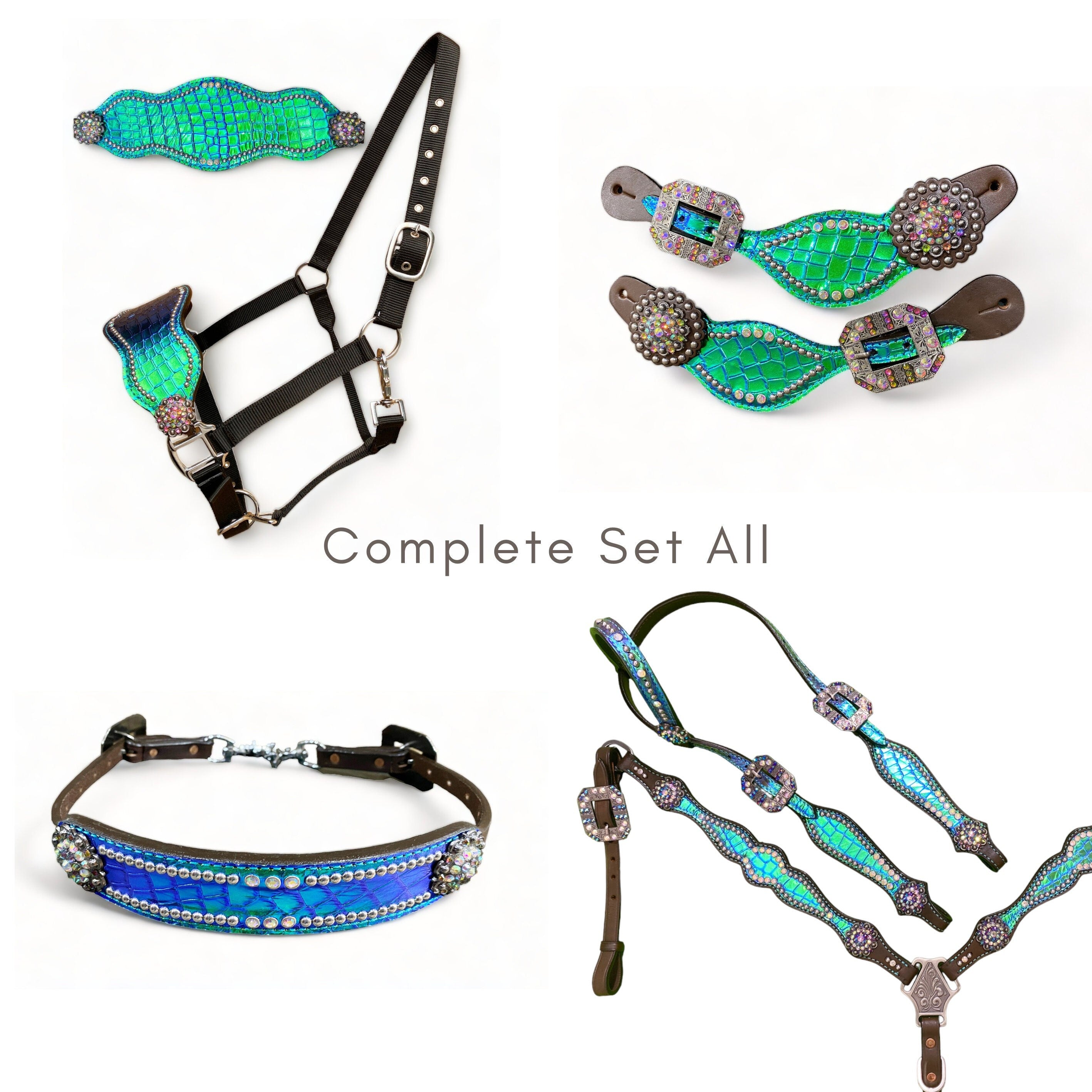 MOUSM Argentina Cow Leather Headstall and Breast Collar Set - Western Bridle Breast Collar Set Turquoise Holographic Alligator Printed Leather