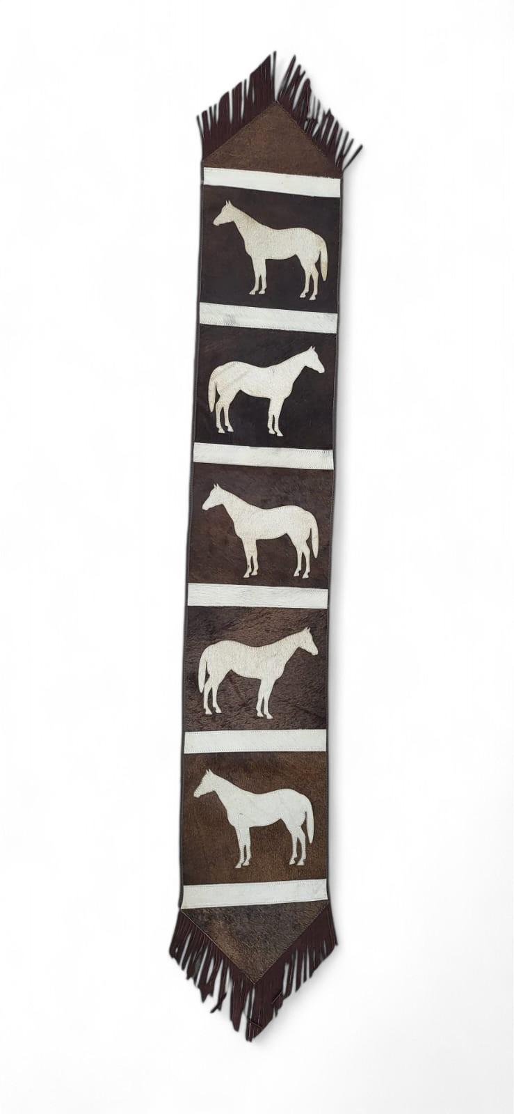 MOUSM Real Cow Hide Leather Table Runner - 72x12 inches, Rustic Farmhouse Table Centerpiece with Embroidered Horse Cutout Print and Brown Leather Fringes