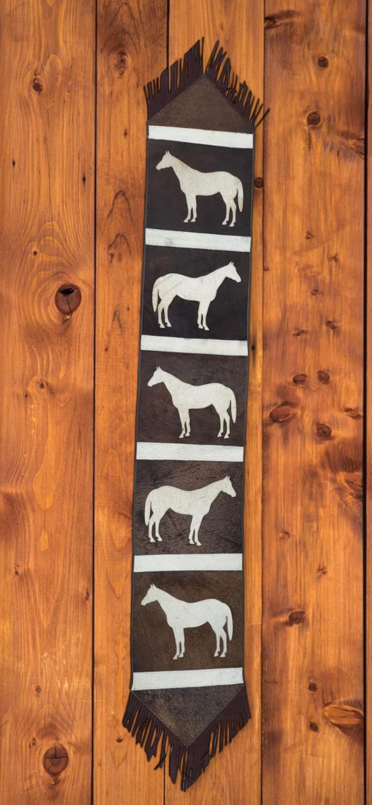 MOUSM Real Cow Hide Leather Table Runner - 72x12 inches, Rustic Farmhouse Table Centerpiece with Embroidered Horse Cutout Print and Brown Leather Fringes
