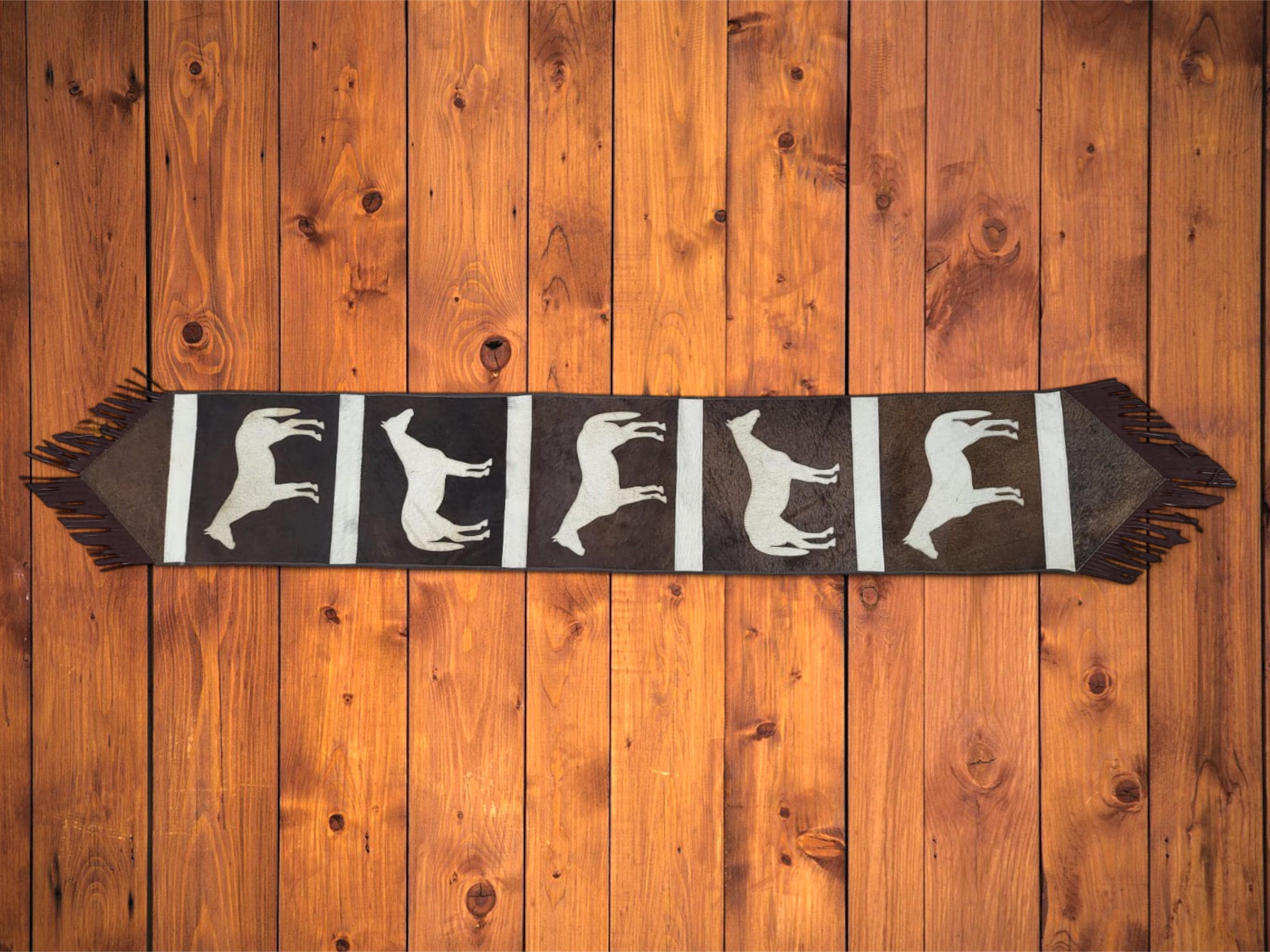 MOUSM Real Cow Hide Leather Table Runner - 72x12 inches, Rustic Farmhouse Table Centerpiece with Embroidered Horse Cutout Print and Brown Leather Fringes