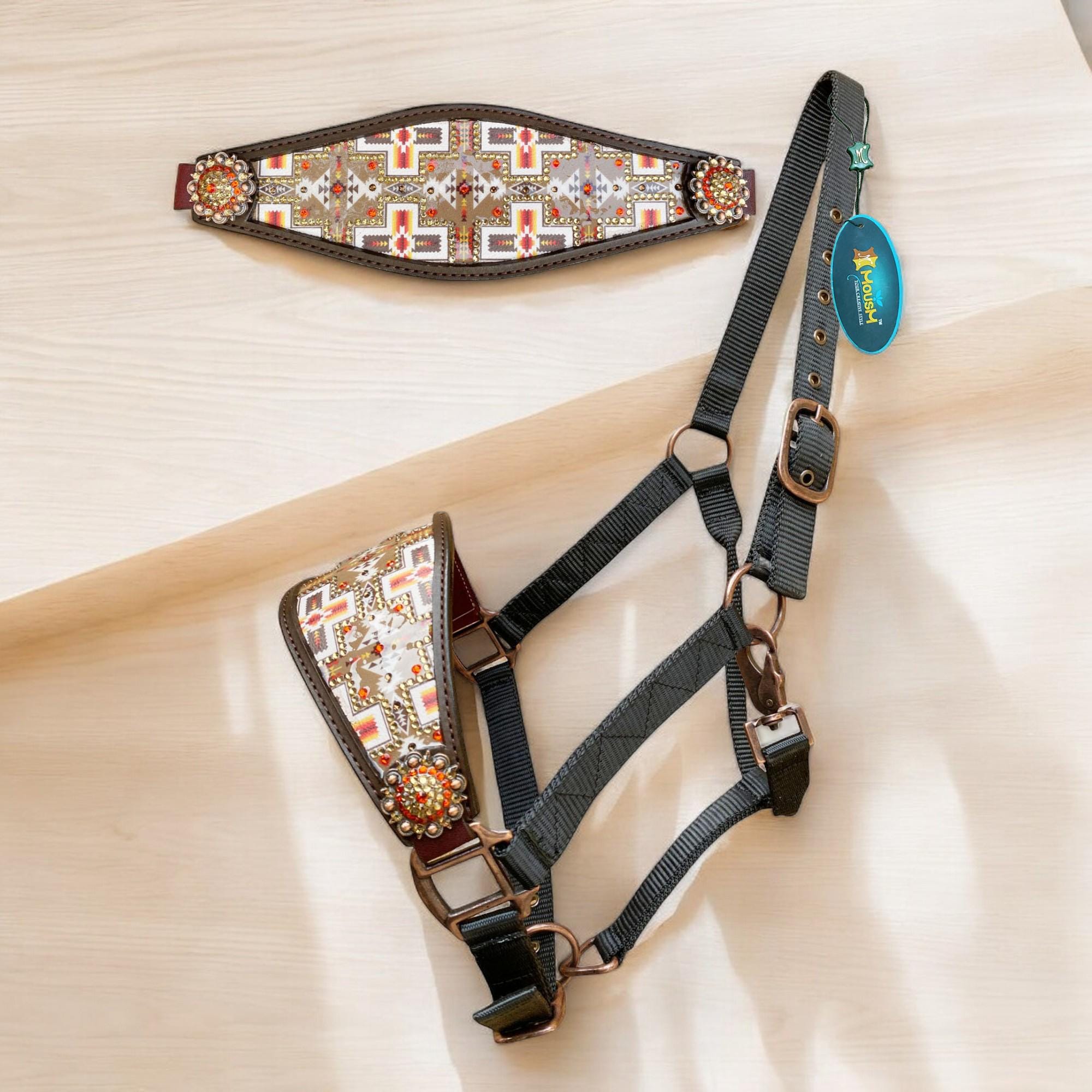 MOUSM Argentina Cow Leather Bronc Halter - Western Horse Halter Decorated with Aztec Print Inlay, Shining Stones and Congress Conchos