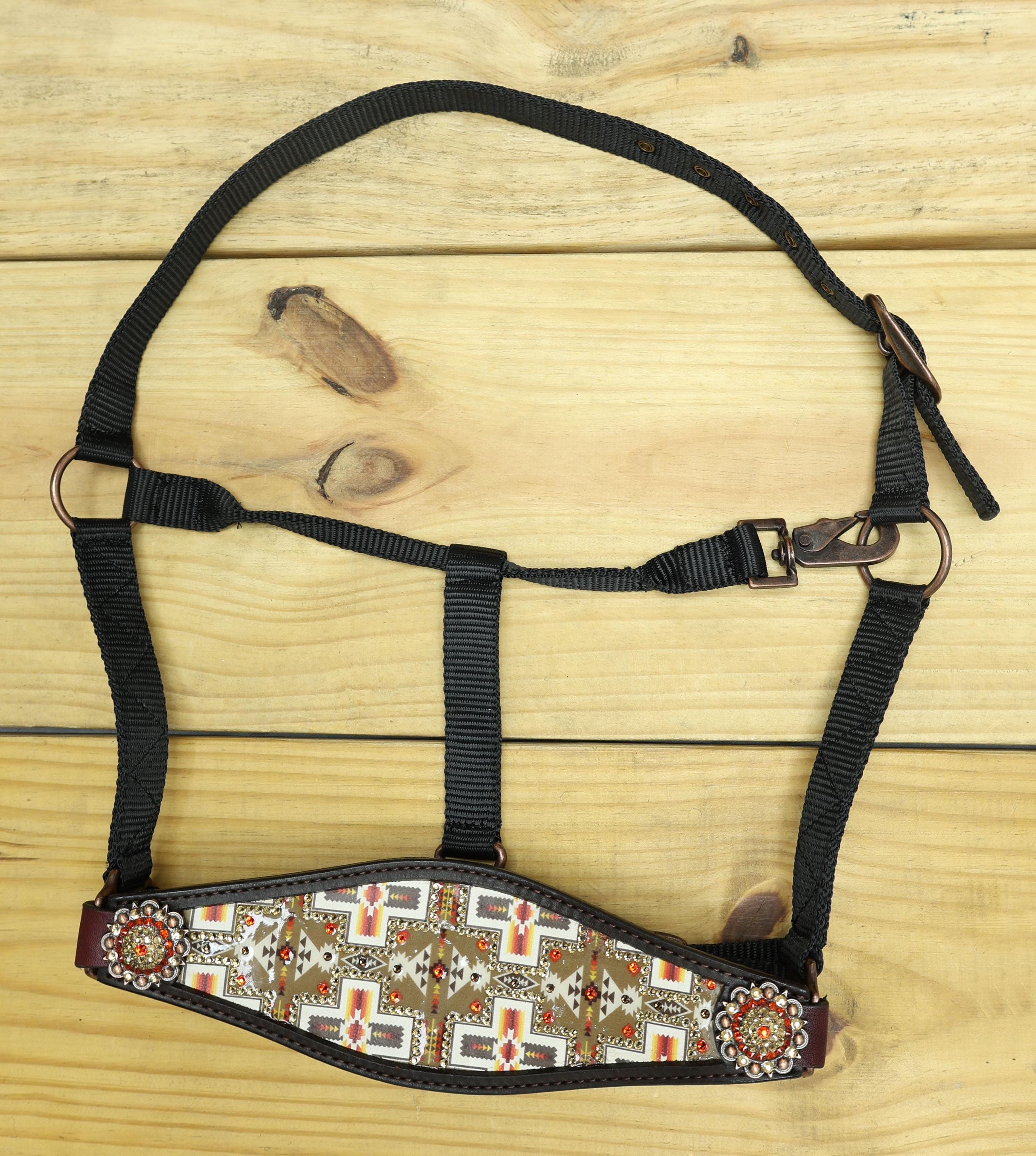 MOUSM Argentina Cow Leather Bronc Halter - Western Horse Halter Decorated with Aztec Print Inlay, Shining Stones and Congress Conchos