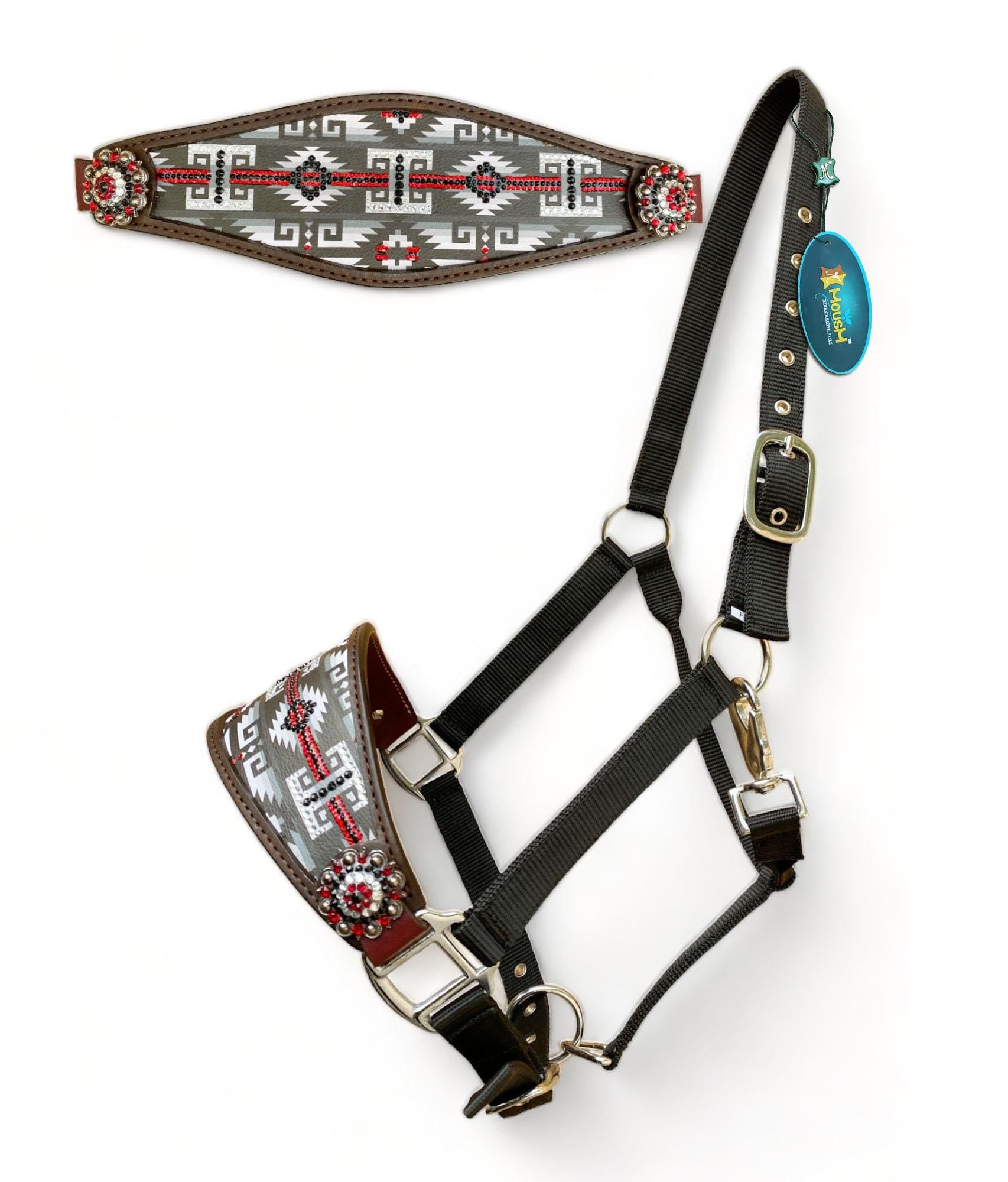 MOUSM Argentina Cow Leather Bronc Halter – Western Halter for Horse Decorated with Black & White Southwest Print, Red and Black Stones, and Congress Conchos