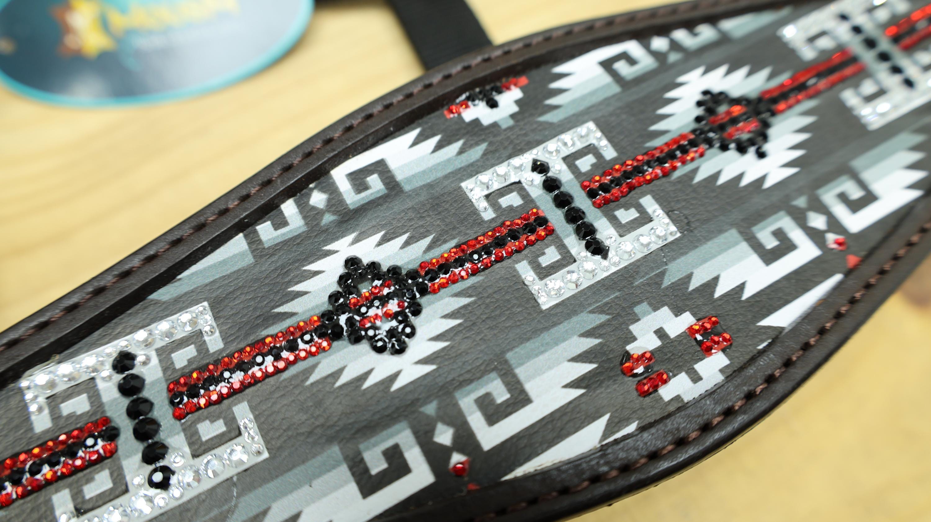 MOUSM Argentina Cow Leather Bronc Halter – Western Halter for Horse Decorated with Black & White Southwest Print, Red and Black Stones, and Congress Conchos