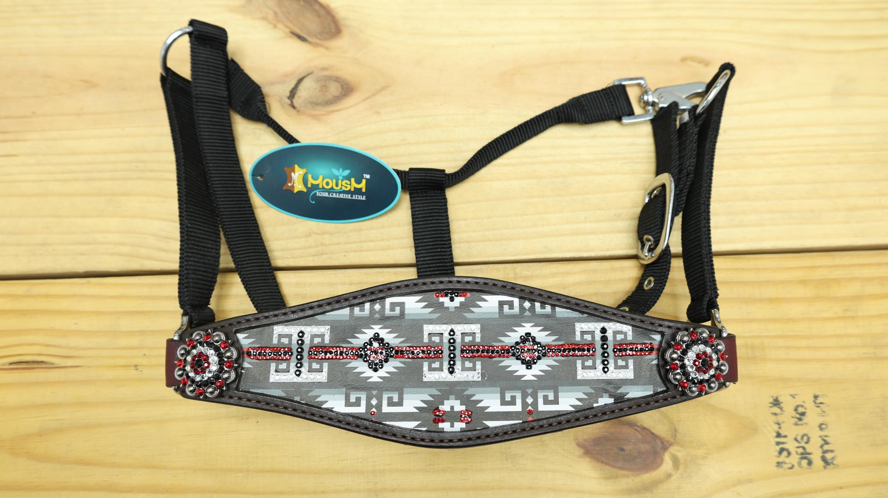 MOUSM Argentina Cow Leather Bronc Halter – Western Halter for Horse Decorated with Black & White Southwest Print, Red and Black Stones, and Congress Conchos