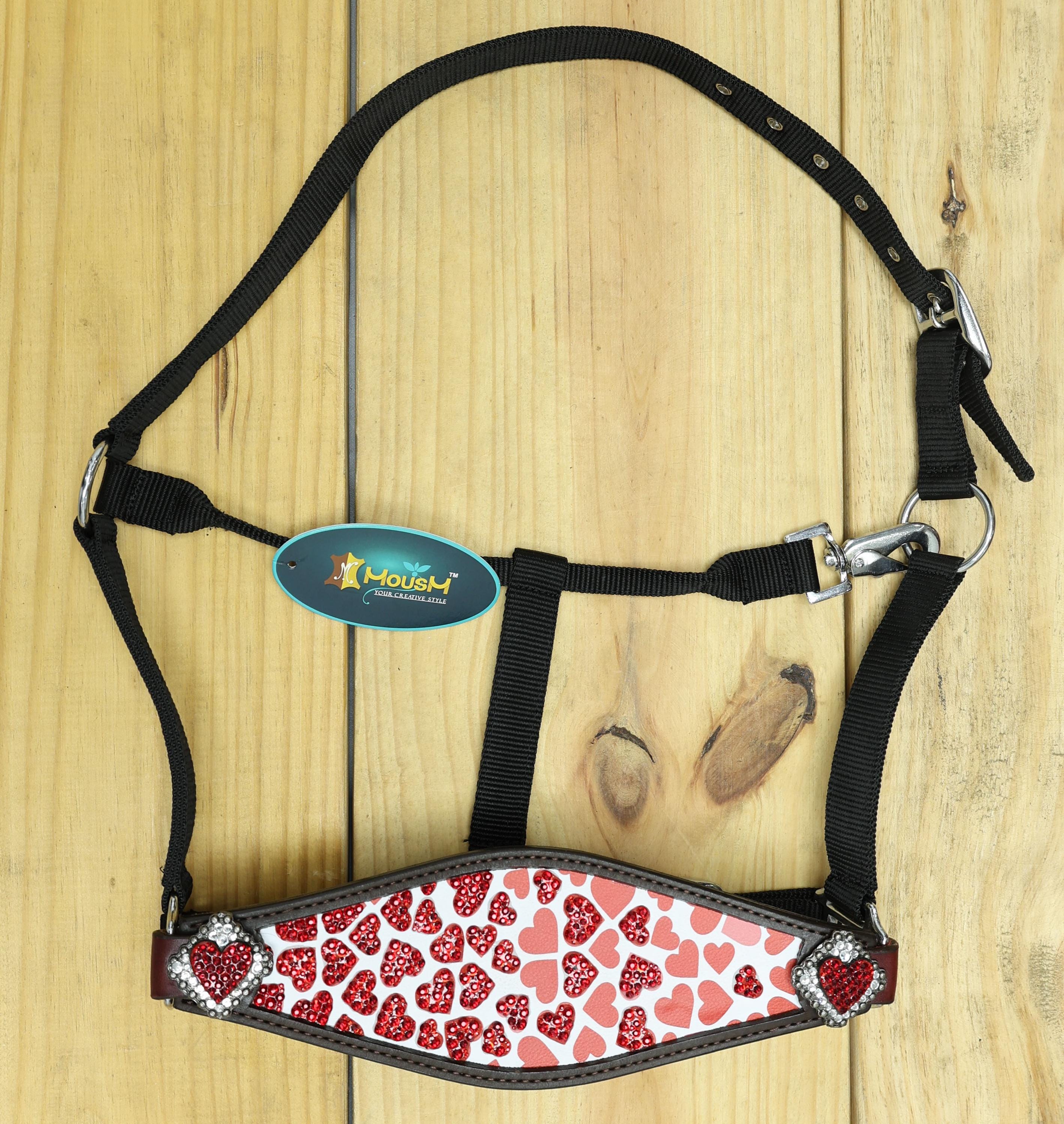 MOUSM Argentina Cow Leather Bronc Halter - Western Horse Halter Decorated with Heart Print, Red Stones, Heart Conchos