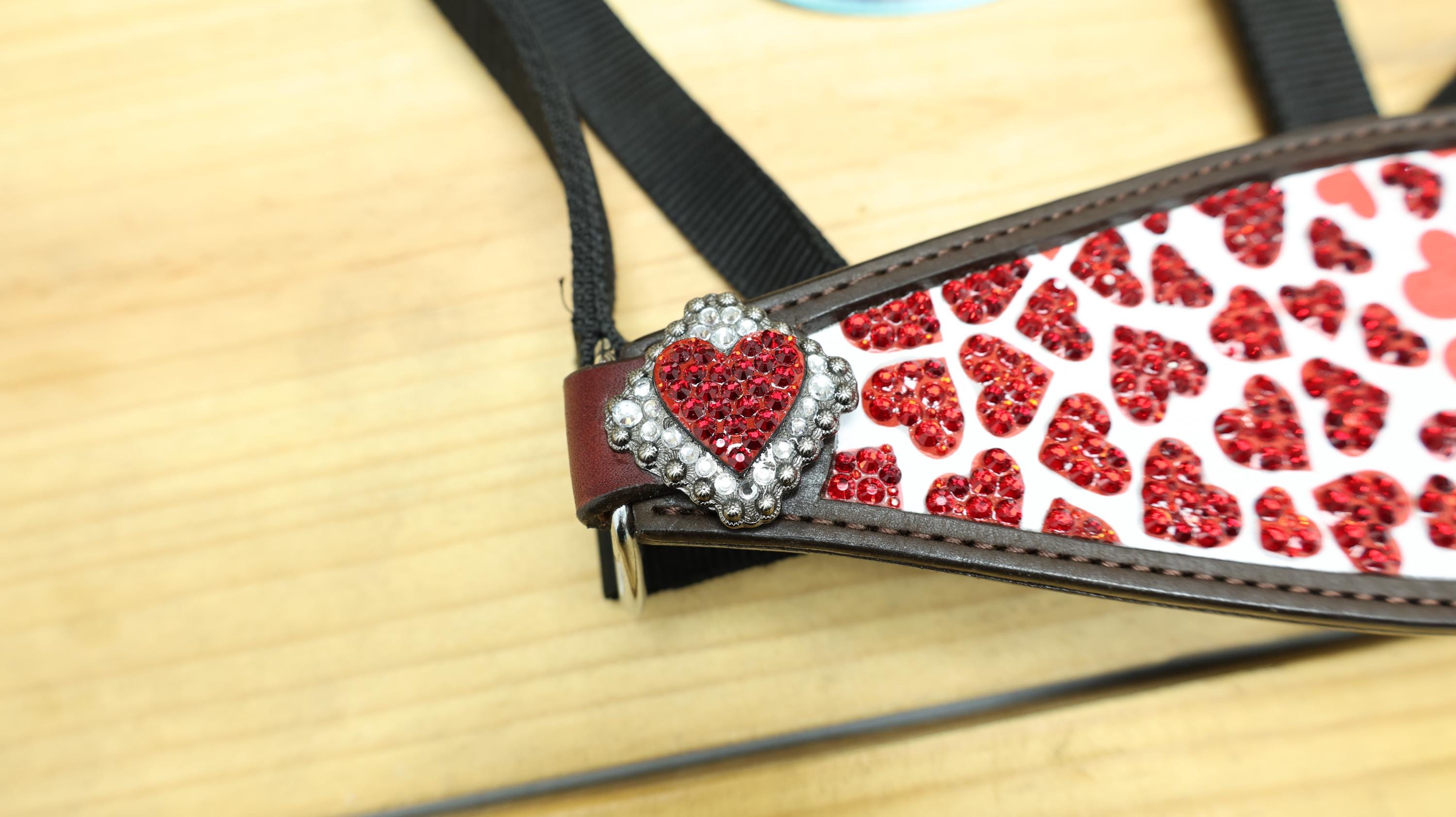 MOUSM Argentina Cow Leather Bronc Halter - Western Horse Halter Decorated with Heart Print, Red Stones, Heart Conchos