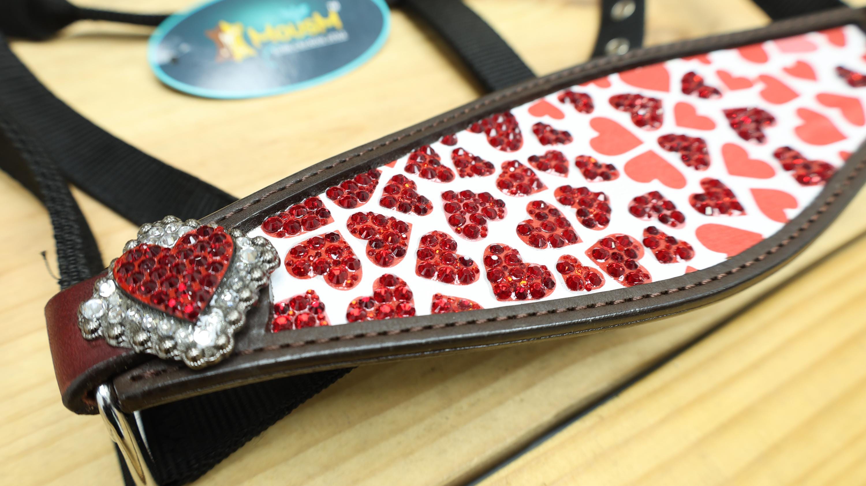 MOUSM Argentina Cow Leather Bronc Halter - Western Horse Halter Decorated with Heart Print, Red Stones, Heart Conchos