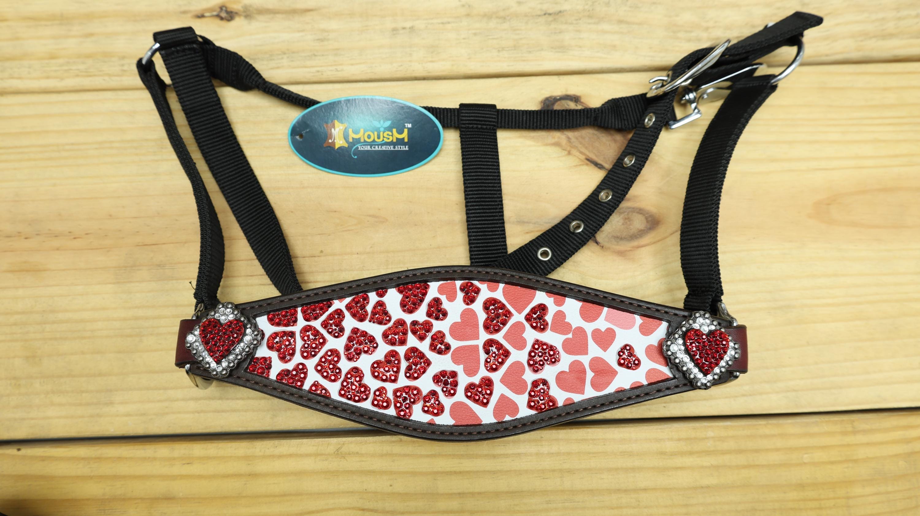 MOUSM Argentina Cow Leather Bronc Halter - Western Horse Halter Decorated with Heart Print, Red Stones, Heart Conchos