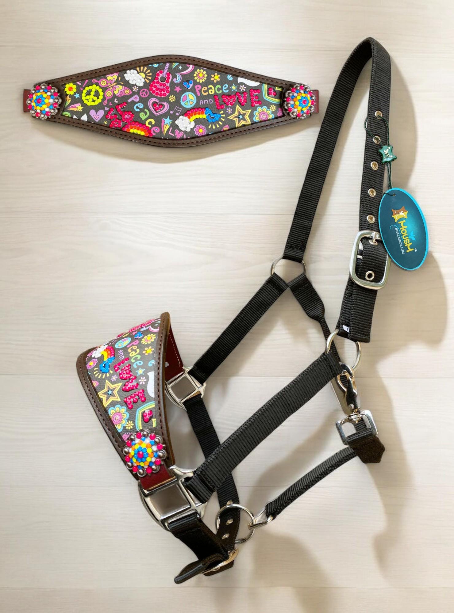 MOUSM Argentina Cow Leather Bronc Halter - Western Horse Halter Decorated with Funky Fluorescent Print and Vibrant Stone, Matching Conchos