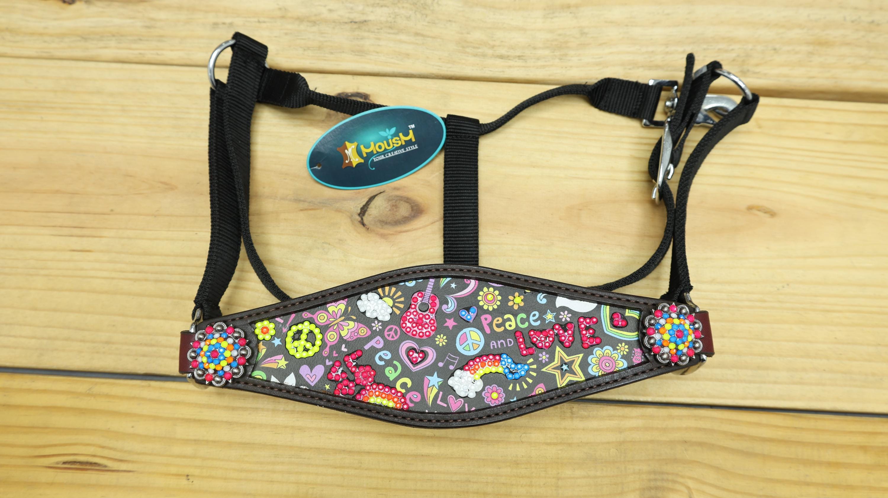 MOUSM Argentina Cow Leather Bronc Halter - Western Horse Halter Decorated with Funky Fluorescent Print and Vibrant Stone, Matching Conchos