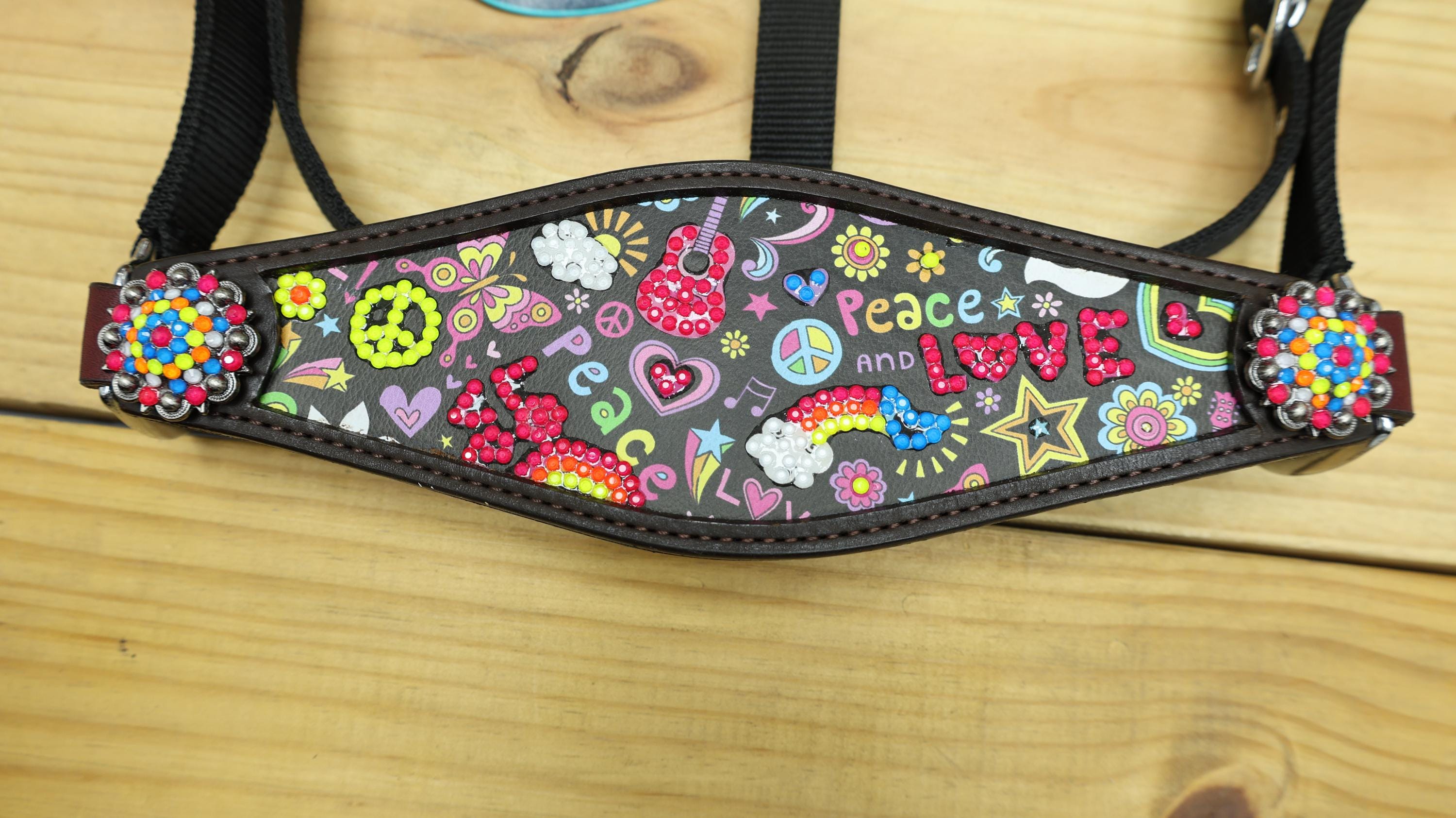 MOUSM Argentina Cow Leather Bronc Halter - Western Horse Halter Decorated with Funky Fluorescent Print and Vibrant Stone, Matching Conchos