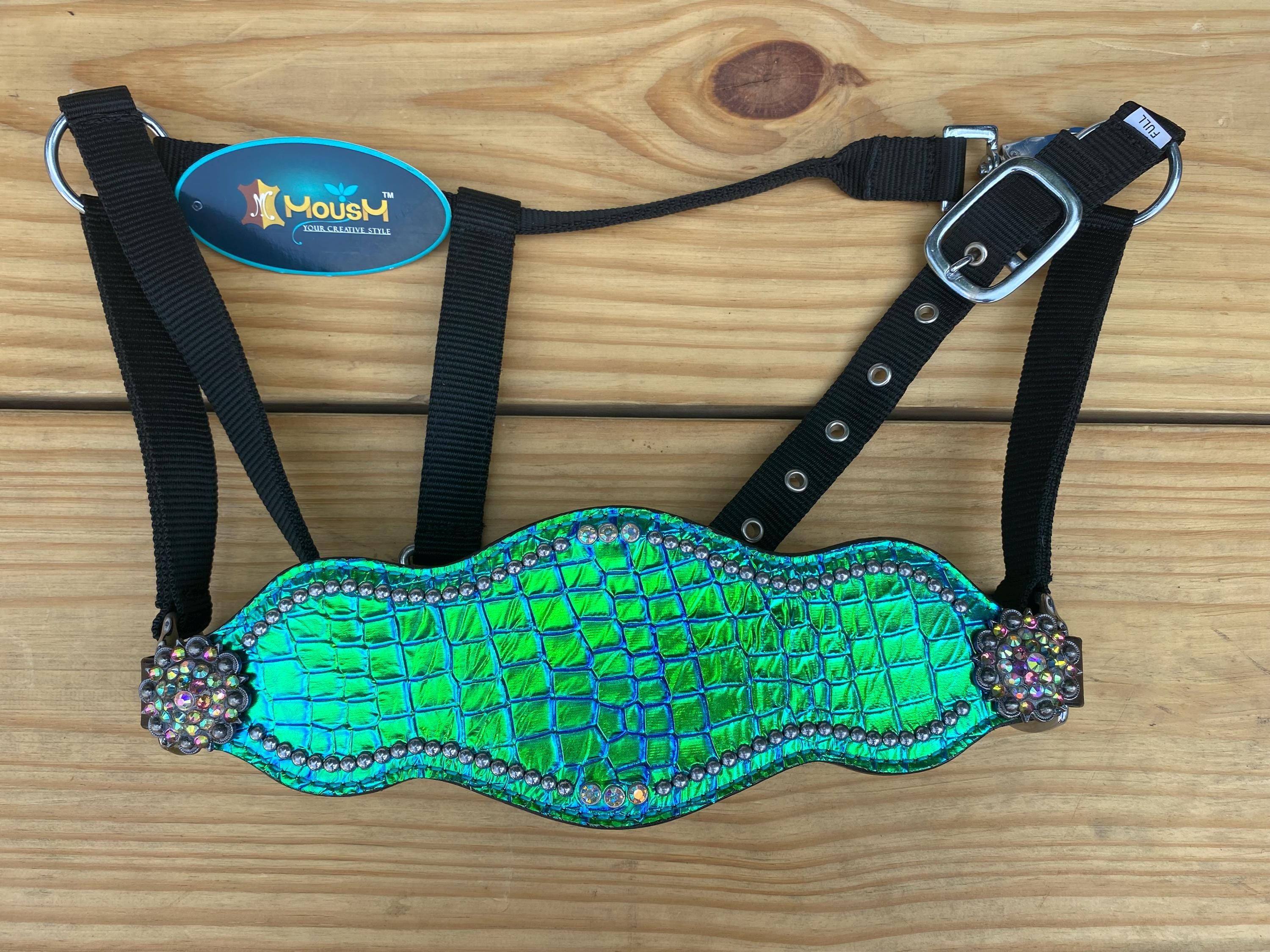MOUSM Argentina Cow Leather Bronc Halter – Western Horse Halter Decorated with Holographic Turquoise Alligator Print and Rhinestone Concho