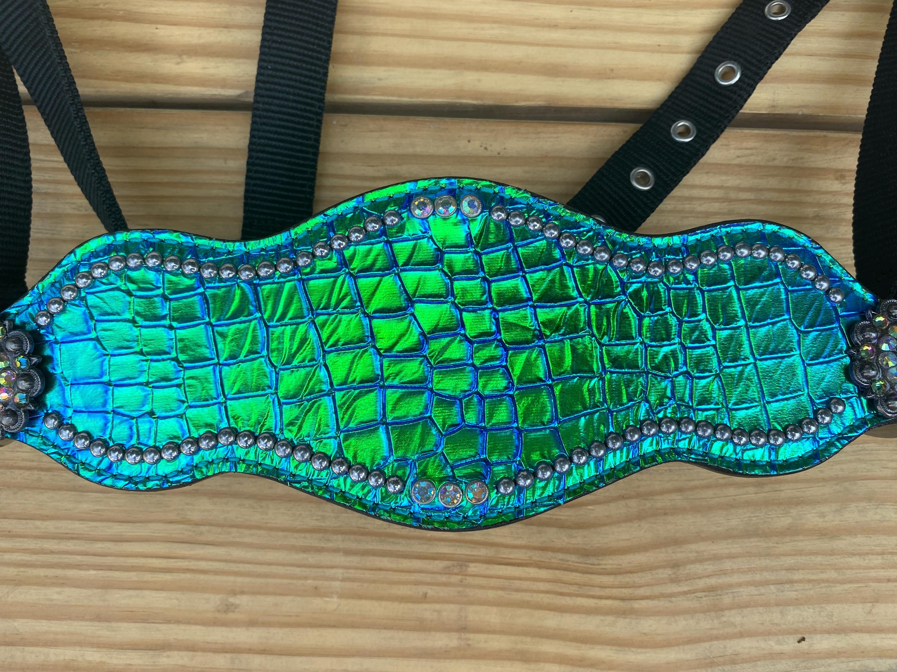MOUSM Argentina Cow Leather Bronc Halter – Western Horse Halter Decorated with Holographic Turquoise Alligator Print and Rhinestone Concho