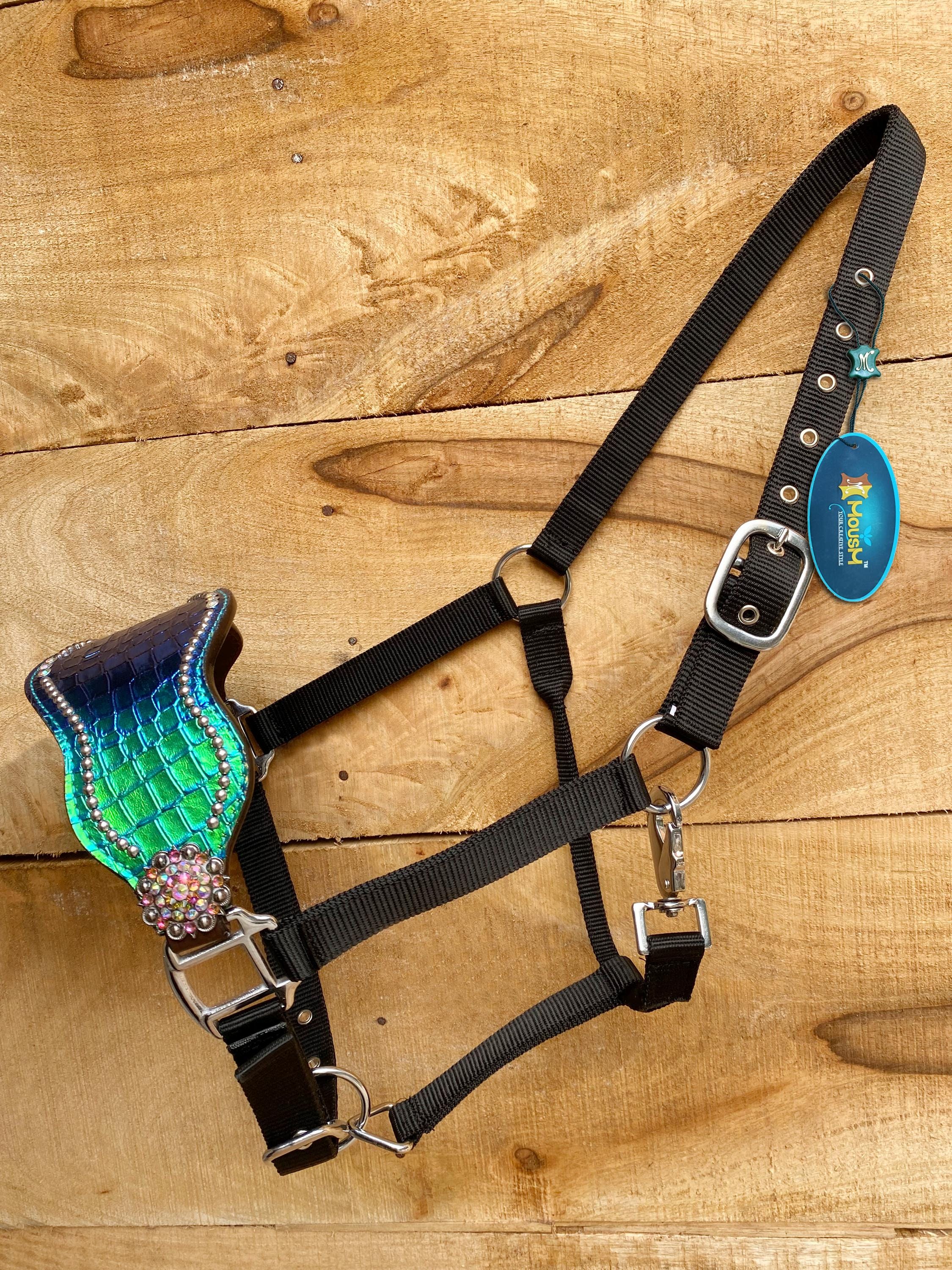 MOUSM Argentina Cow Leather Bronc Halter – Western Horse Halter Decorated with Holographic Turquoise Alligator Print and Rhinestone Concho