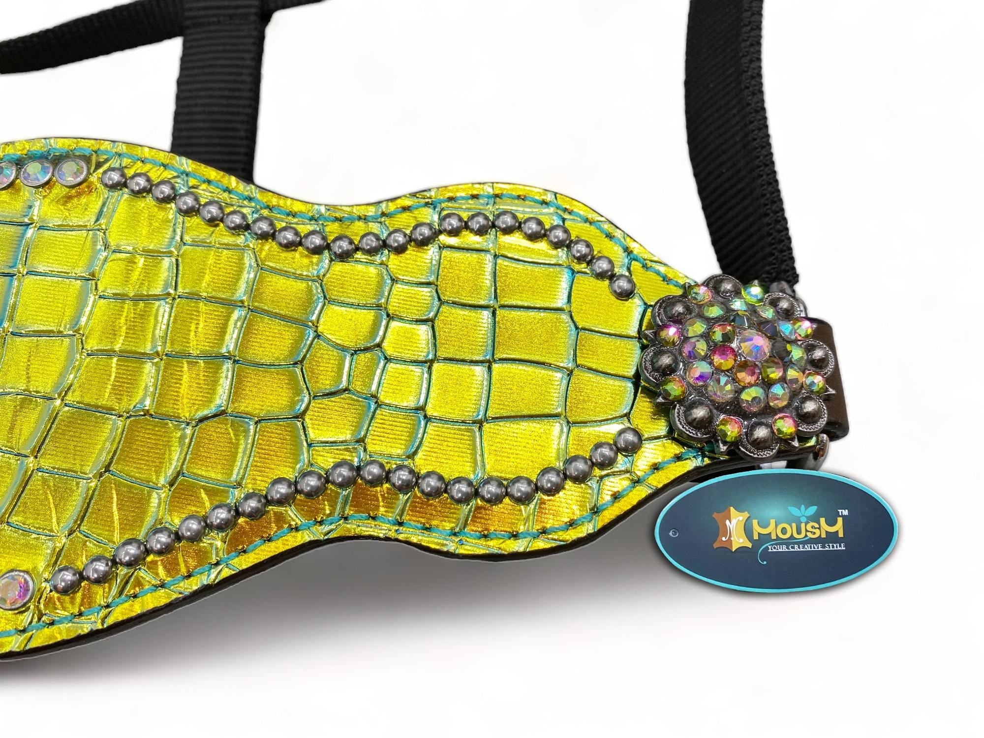 MOUSM Argentina Cow Leather Bronc Halter – Western Horse Halter Decorated with Holographic Green-Yellow Alligator Print and Rhinestone Concho