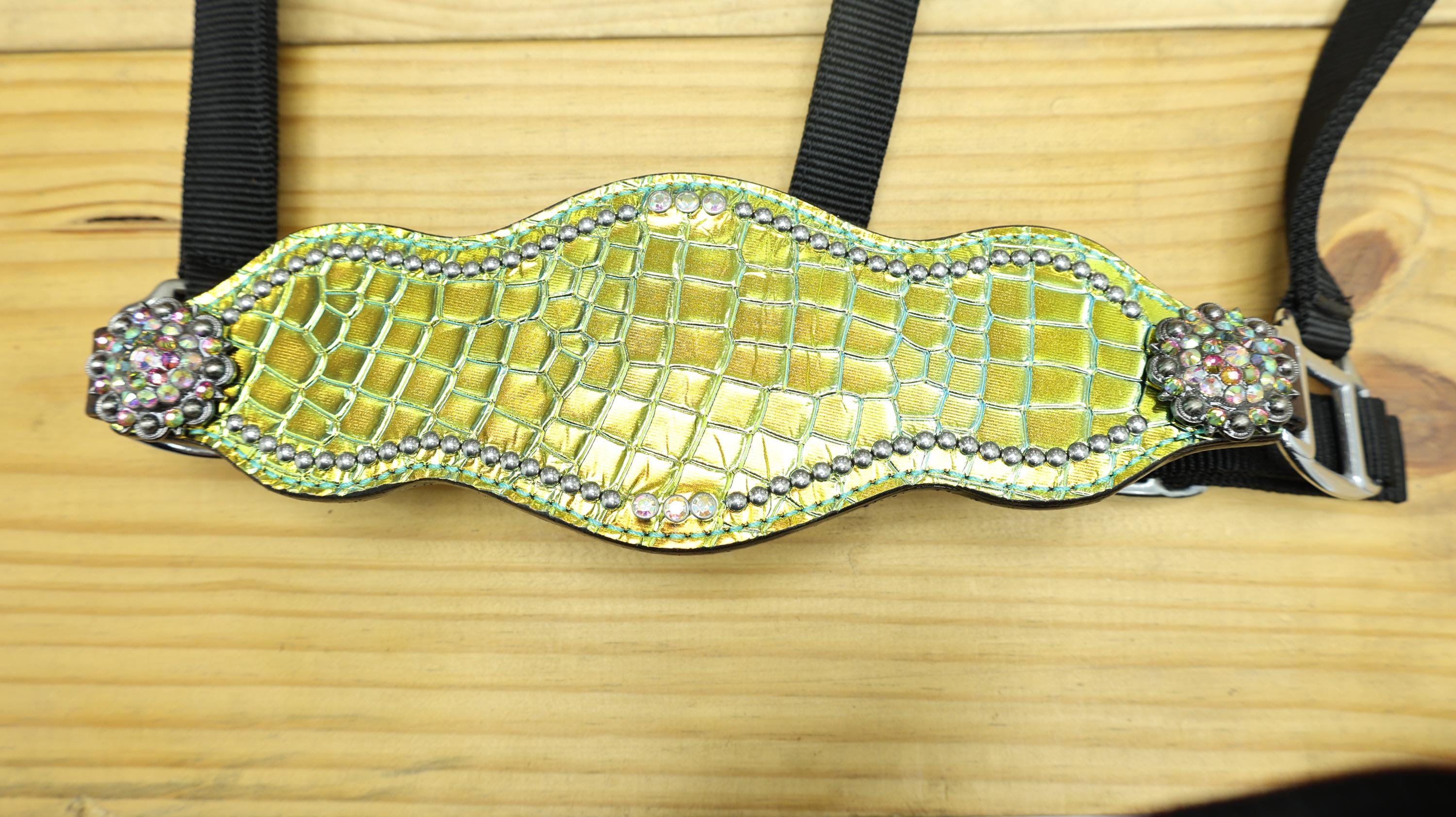 MOUSM Argentina Cow Leather Bronc Halter – Western Horse Halter Decorated with Holographic Green-Yellow Alligator Print and Rhinestone Concho