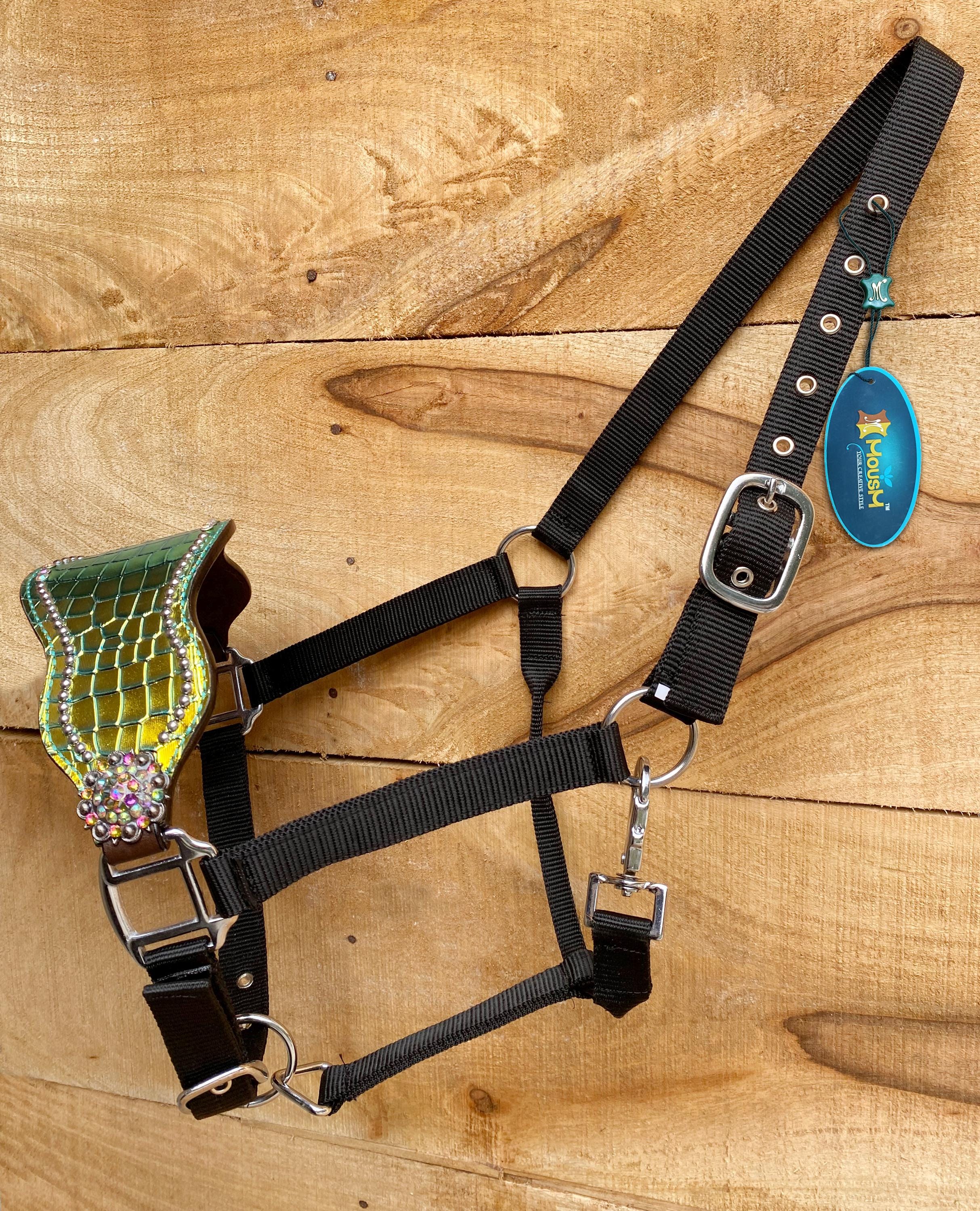 MOUSM Argentina Cow Leather Bronc Halter – Western Horse Halter Decorated with Holographic Green-Yellow Alligator Print and Rhinestone Concho