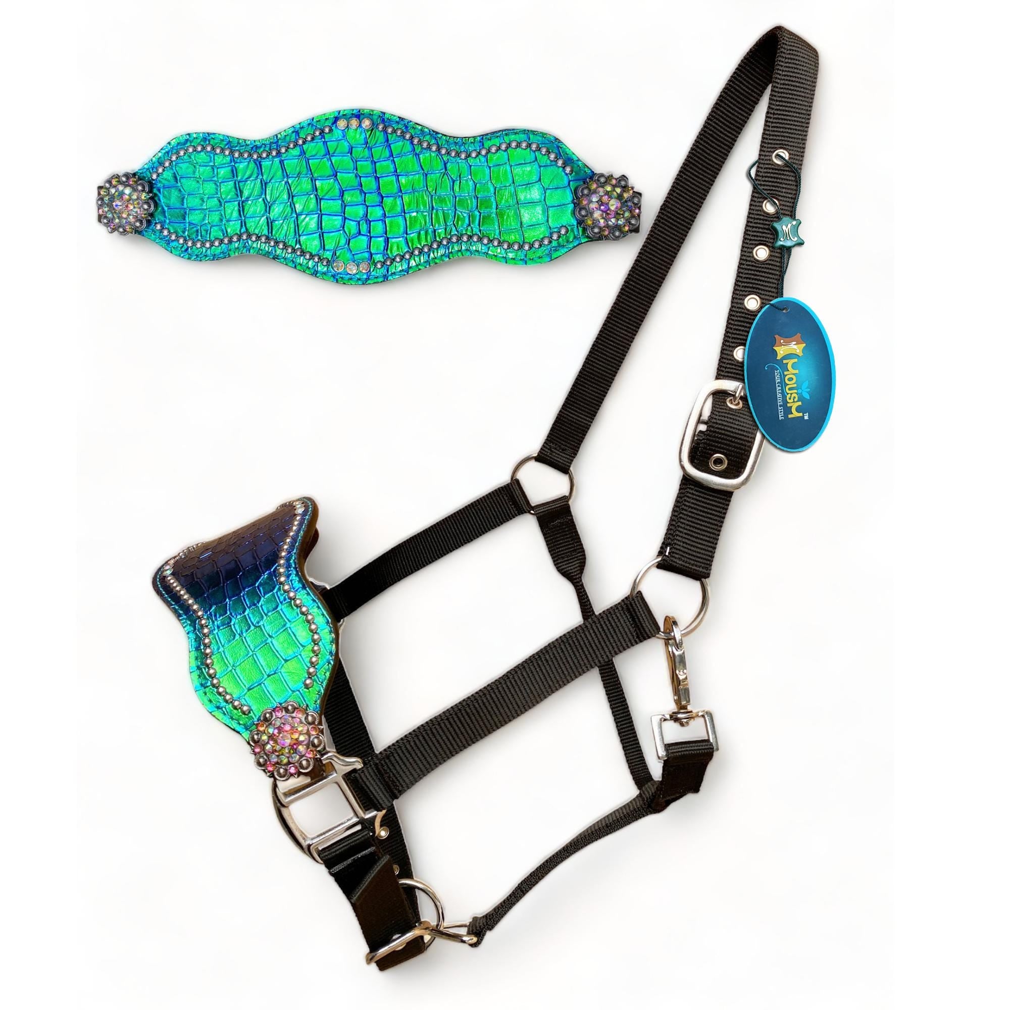 MOUSM Argentina Cow Leather Bronc Halter – Western Horse Halter Decorated with Holographic Turquoise Alligator Print and Rhinestone Concho