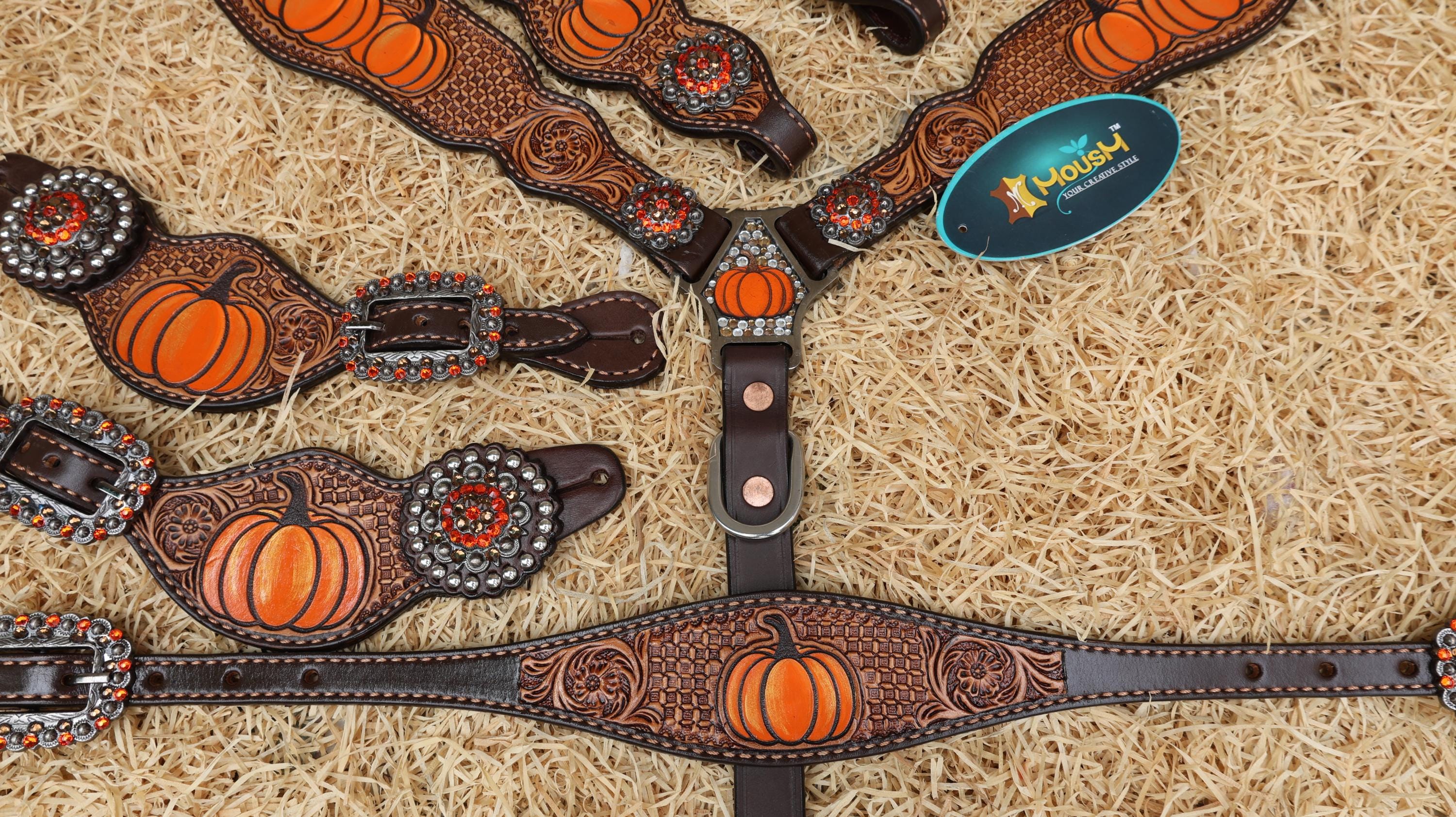 MOUSM Spooky Western Horse Tack Collection – Decorated with Hand-Painted Halloween Pumpkin, Window Tooling & Floral Carving with Rhinestone Conchos