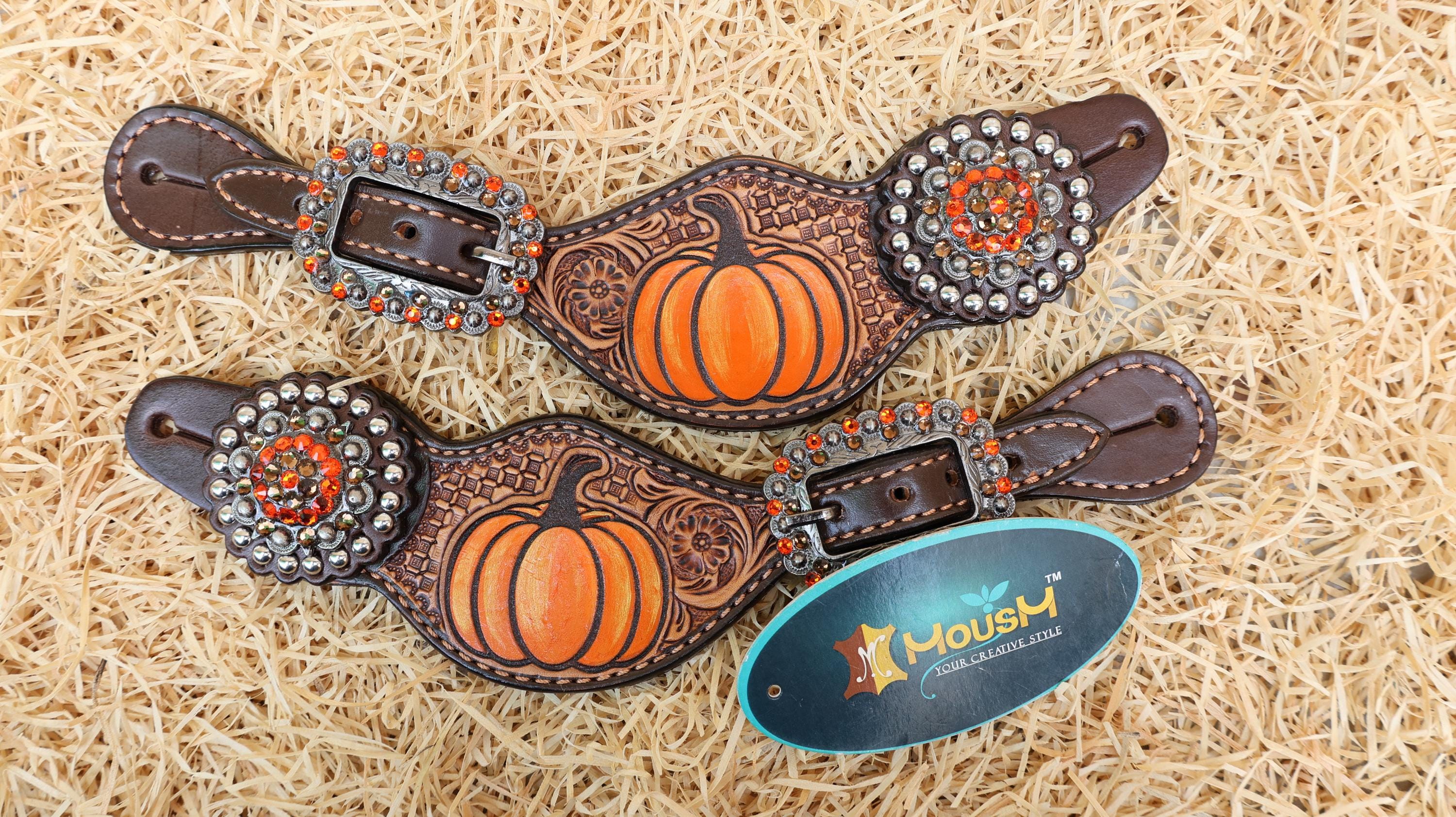 MOUSM Spooky Western Horse Tack Collection – Decorated with Hand-Painted Halloween Pumpkin, Window Tooling & Floral Carving with Rhinestone Conchos
